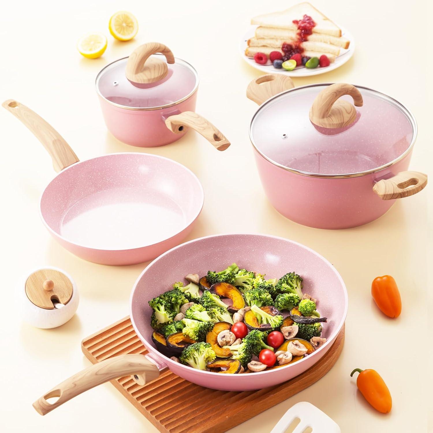 Pink Ceramic Non-Stick Cookware Set with Wood Handles