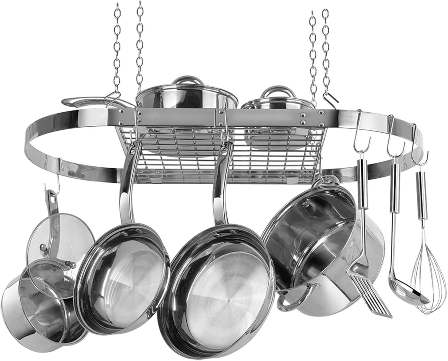 Stainless Steel Oval Ceiling Pot Rack with Hooks