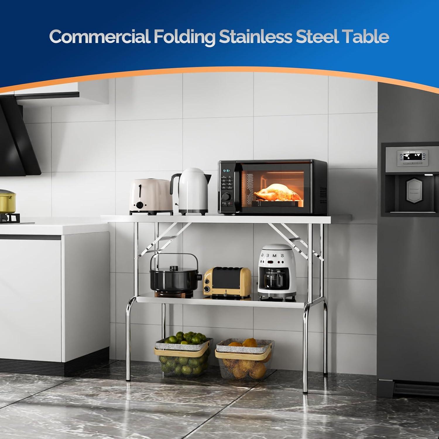 48 X 24 Inches Stainless Steel Folding Table With Undershelf