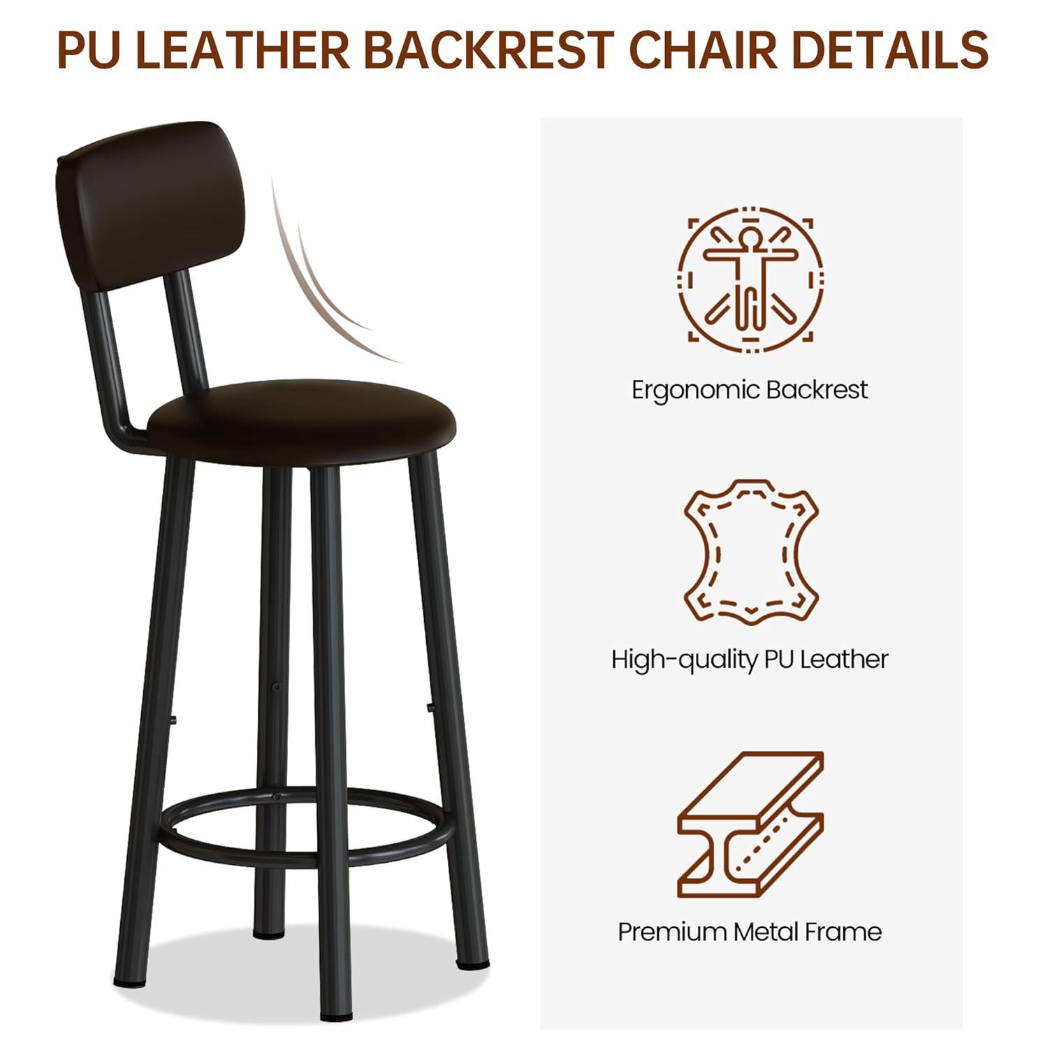 Whizmax Bar Table Set for 2 with Footrest, Kitchen Dining Table with 2 Upholstered Chairs, Small Space Counter Height Barstools for Counter Bar, Brown