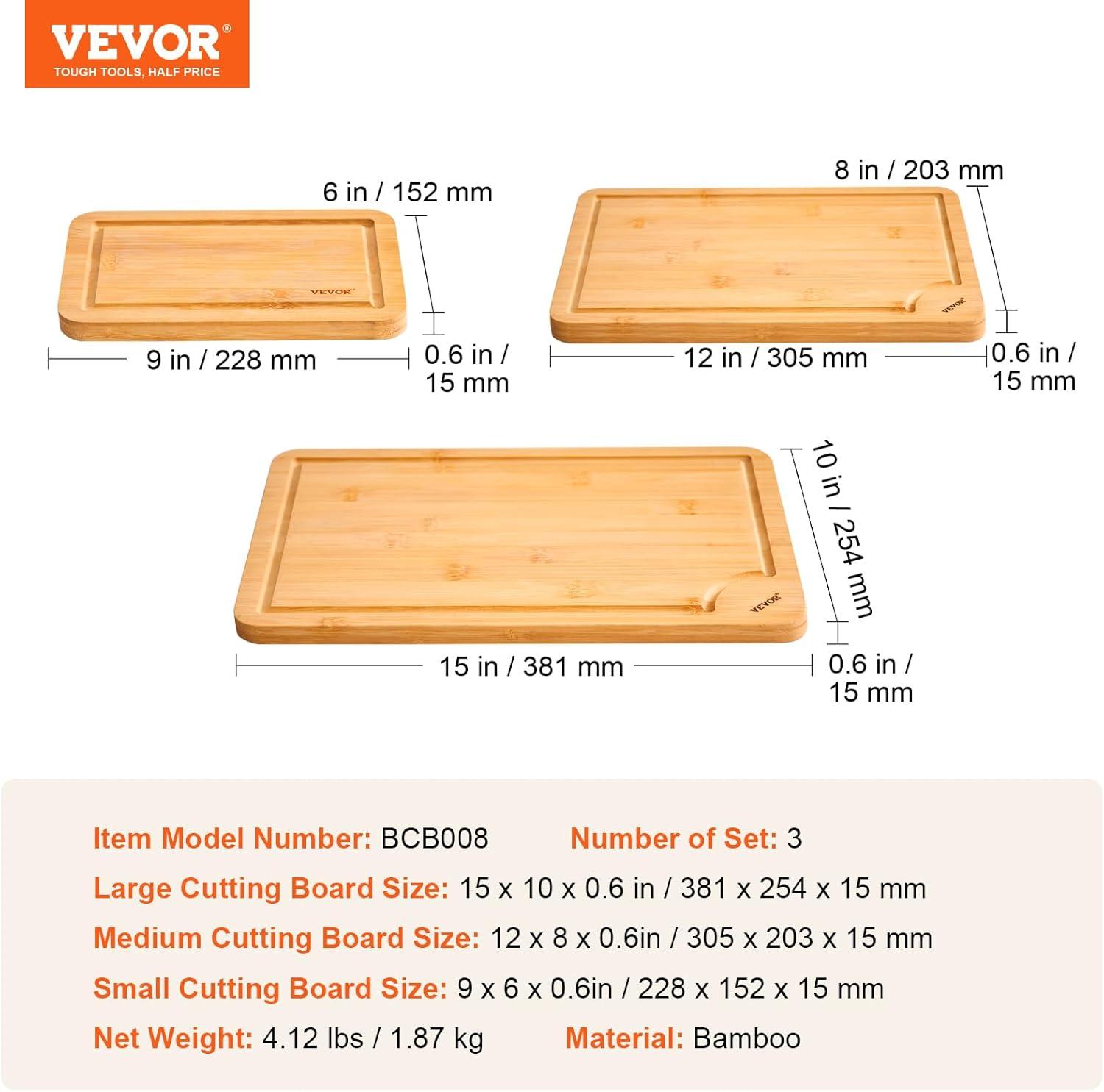 VEVOR Cutting Board 3 Pieces, Premium Versatile Bamboo Cutting Board, Food-Grade Oil and Juice Groove,Sturdy Durable Chopping Board, Built-in Handle, Wooden Cutting Board for Display Chopping Serving