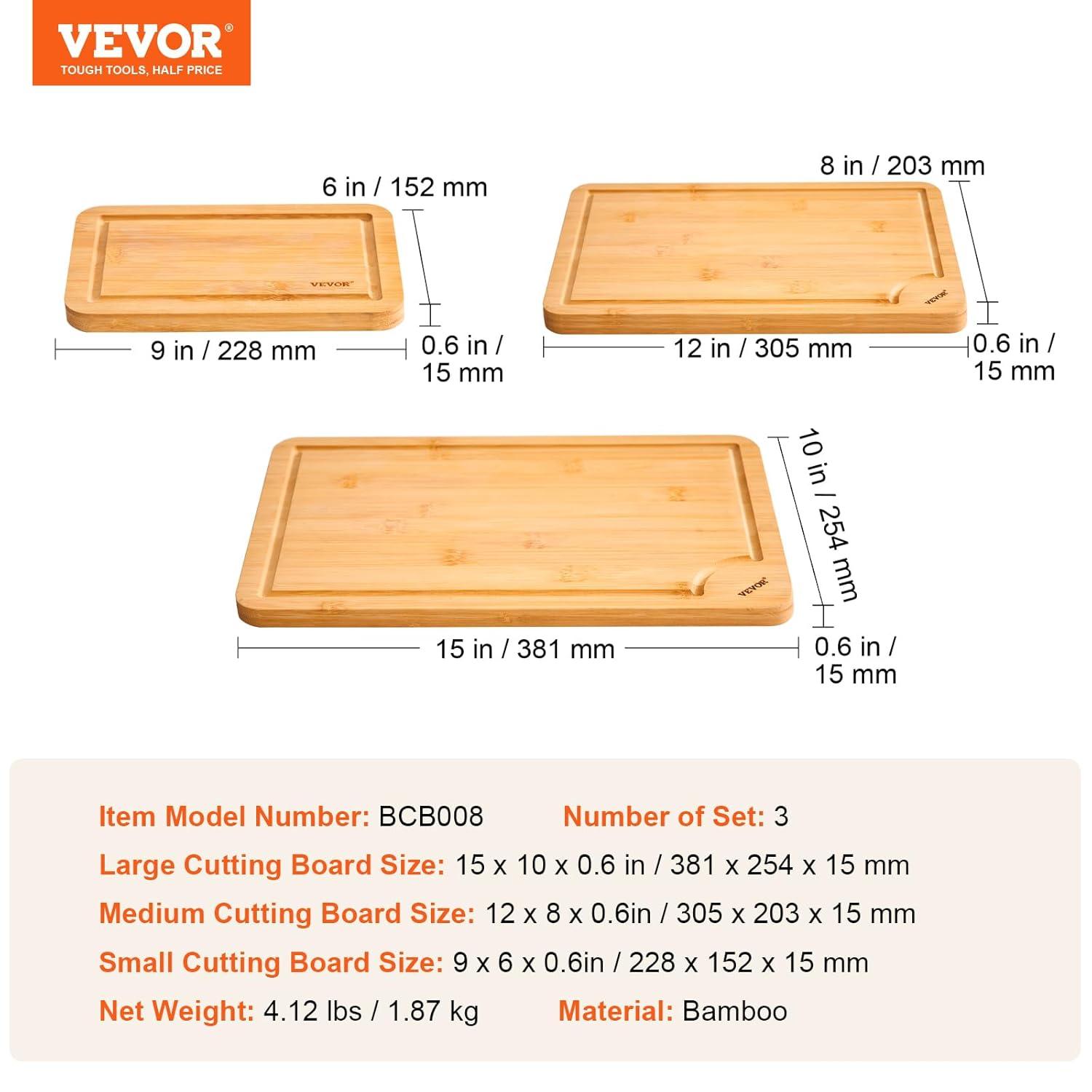 VEVOR Cutting Board 3 Pieces, Premium Versatile Bamboo Cutting Board, Food-Grade Oil and Juice Groove,Sturdy Durable Chopping Board, Built-in Handle, Wooden Cutting Board for Display Chopping Serving