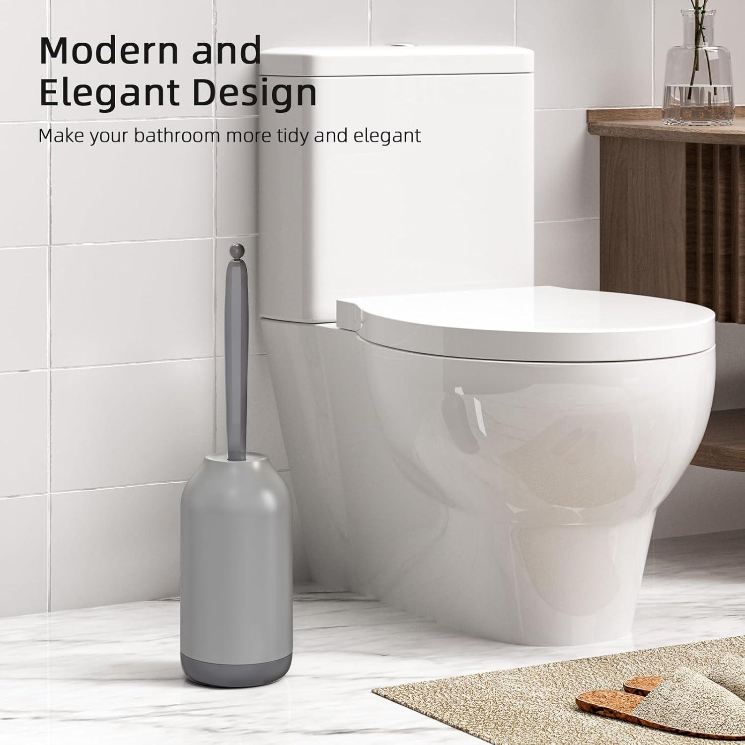 Toilet Bowl Brush Holder Set: Bathroom Deep Cleaning Toilet Cleaner Scrubber Under Rim with Curved Bristle for Dead Corner Clean - Hidden Rv Toilet Decorative Accessories with Caddy- Gray