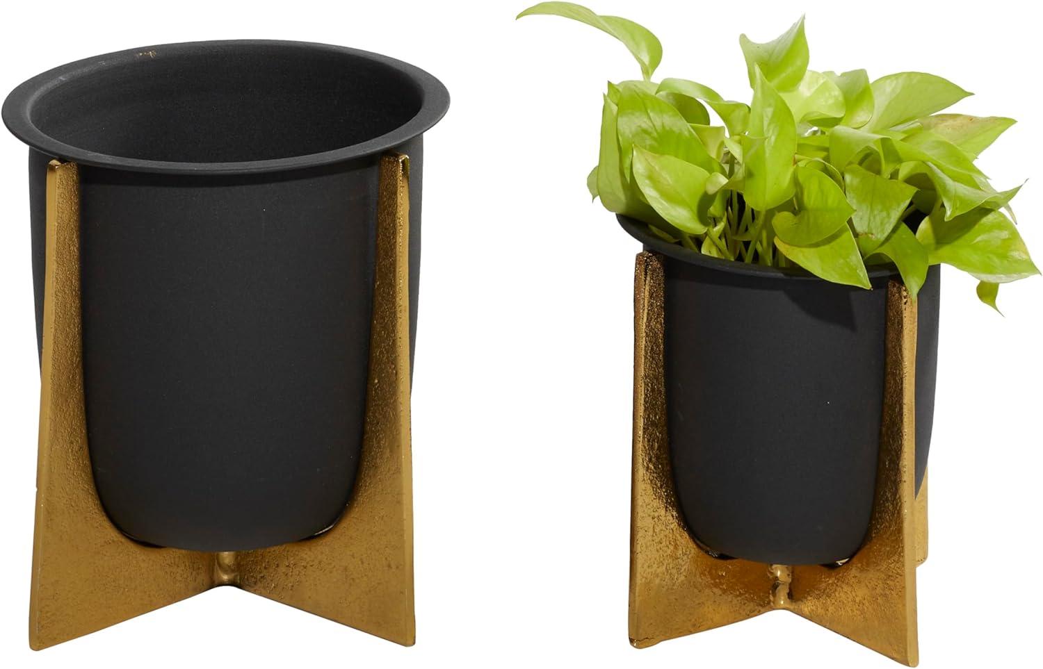 Glam Black and Gold Metal Indoor/Outdoor Planter Set with X-Shaped Stand