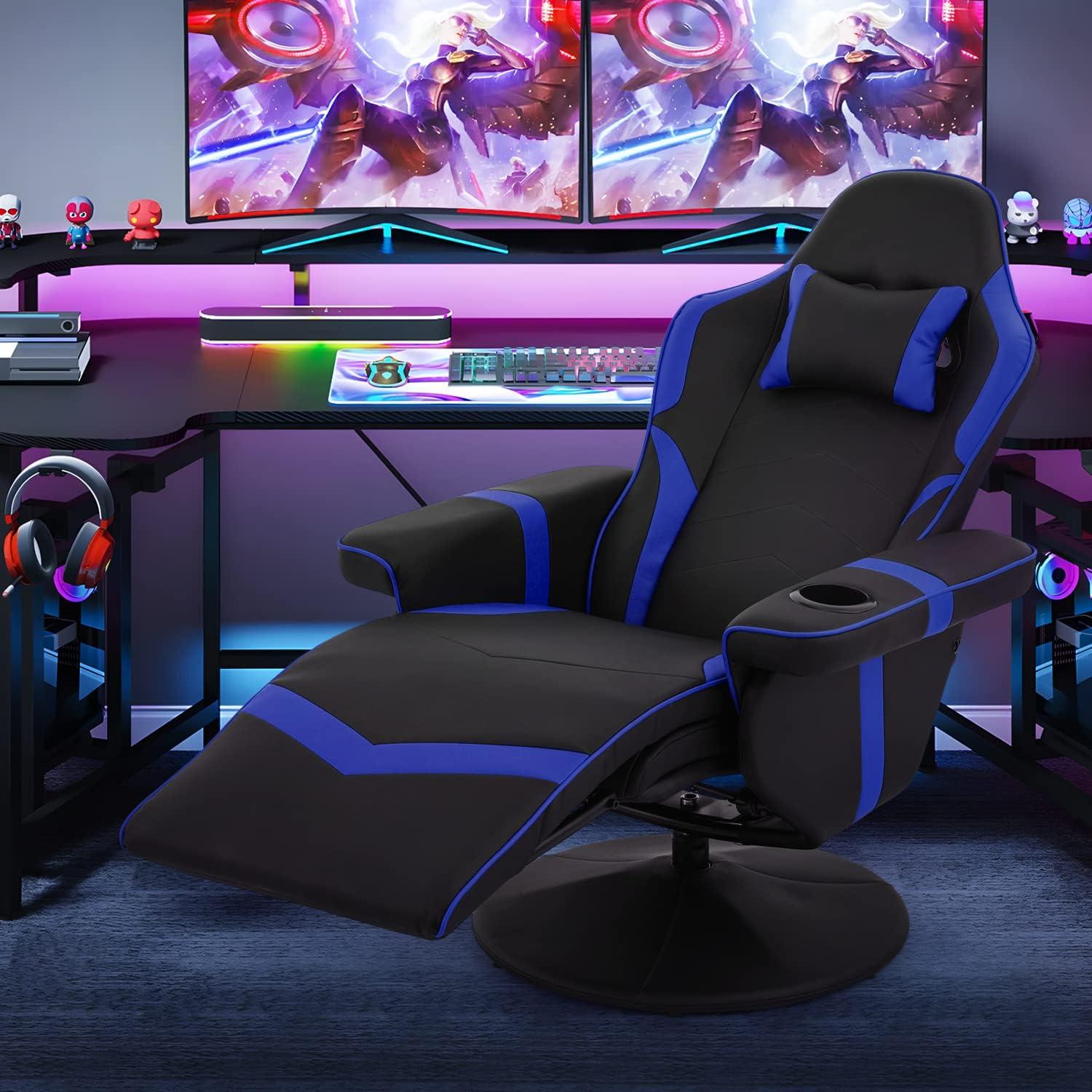 Blue and Black Leather Reclining Gaming Chair with Footrest