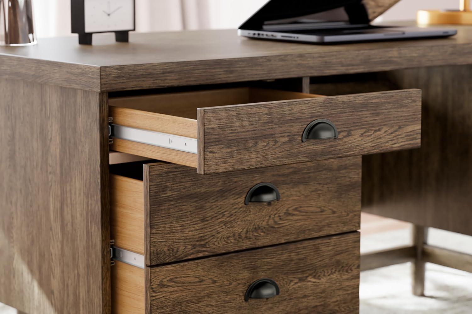 Warm Brown Oak Veneer Home Office Desk with Filing Cabinet