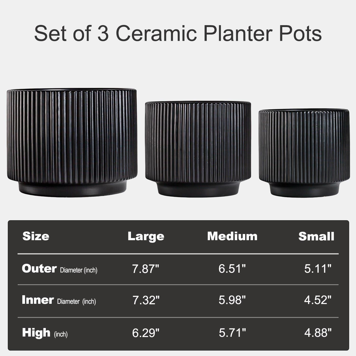 Set of 3 Black Ribbed Ceramic Planter Pots with Drainage