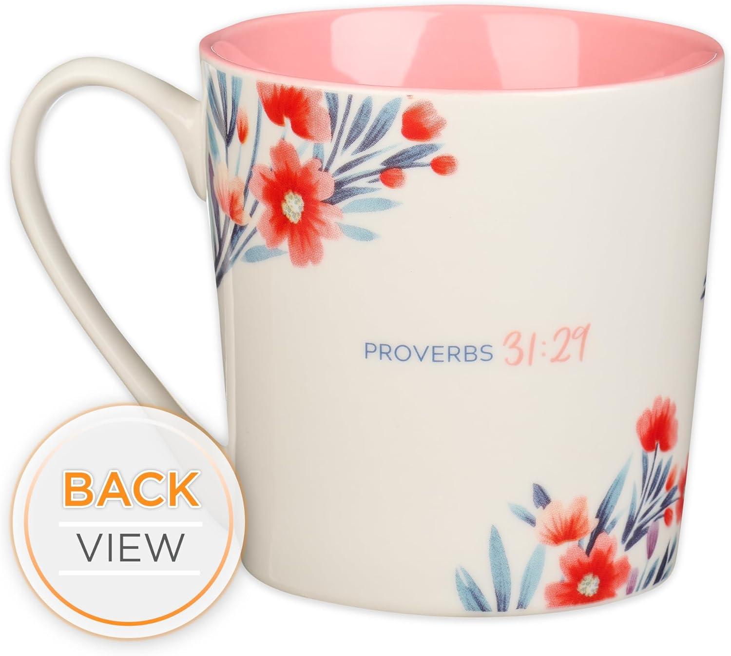 Christian Art Gifts Large Ceramic Encouraging Coffee & Tea Mug for Sisters: Proverbs 31:29 Scripture, Cute Religious Cup for Women, Microwave & Dishwasher Safe Drinkware, Pink/White Floral 14 oz.