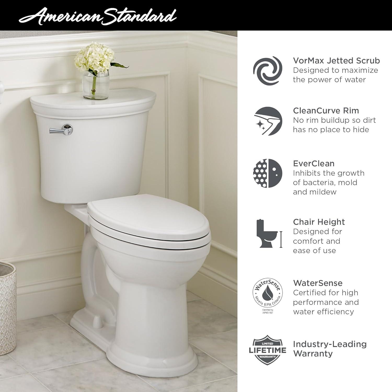 American Standard Heritage VorMax Two-Piece Toilet with Slow-Close Seat & Wax Ring, Chair Ht, White