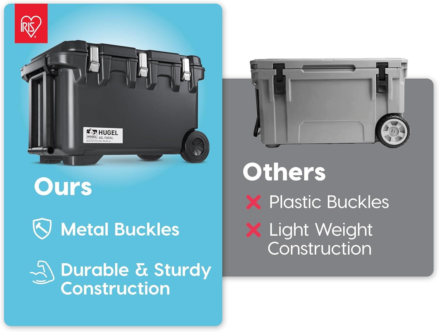 IRIS USA HUGEL 64 QT Cooler Box Insulated, Hard Cooler, Vacuum-Insulated Panels Durable Portable Ice Chest with Built-in Handle and Wheels, Black