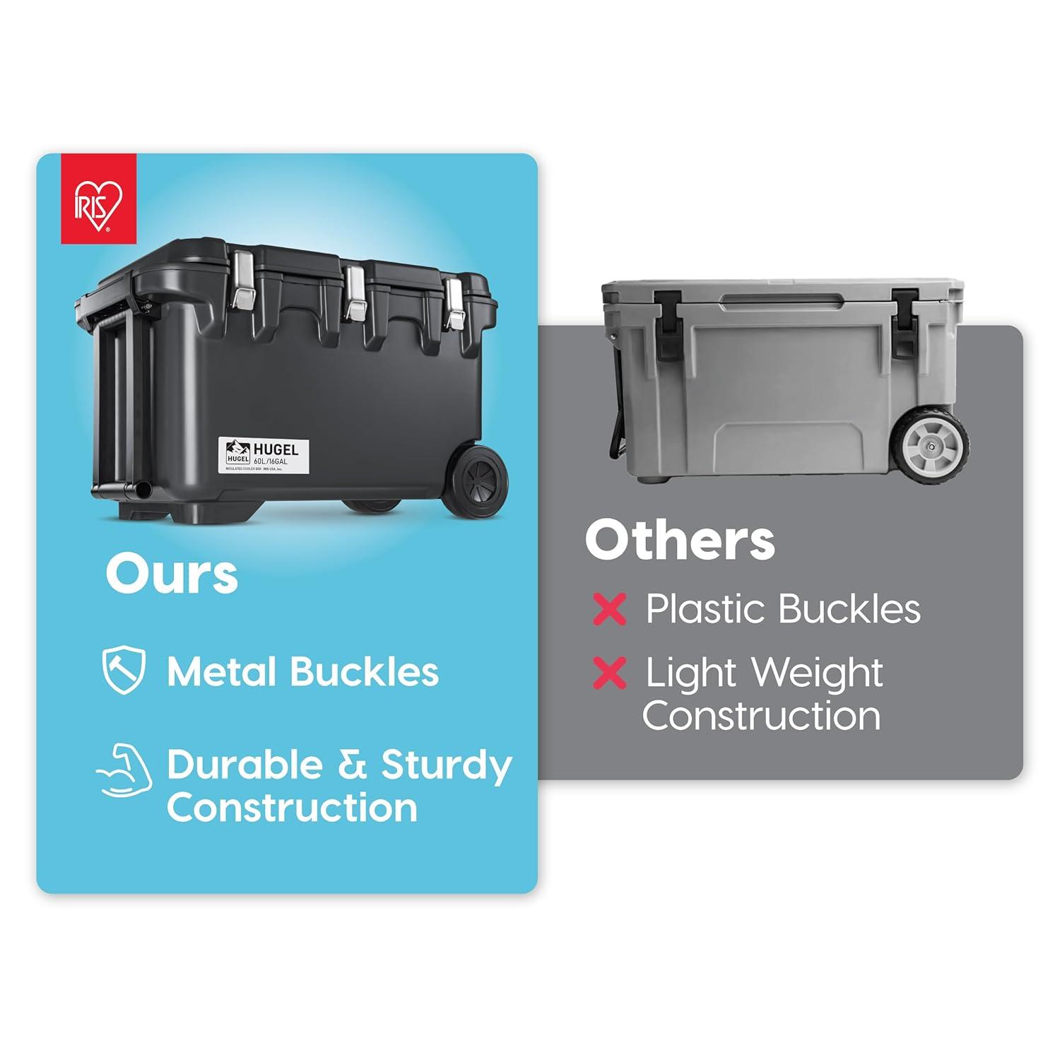 IRIS USA HUGEL 64 QT Cooler Box Insulated, Hard Cooler, Vacuum-Insulated Panels Durable Portable Ice Chest with Built-in Handle and Wheels, Black