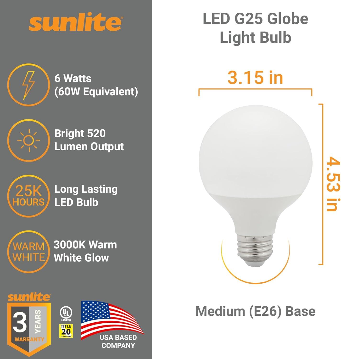 Sunlite LED G25 Globe Light Bulb, 6 Watts (60W Equivalent), Standard E26 Base, 520 Lumens, Dimmable, Frosted, 90 CRI, 5000K Daylight, 6 Pack