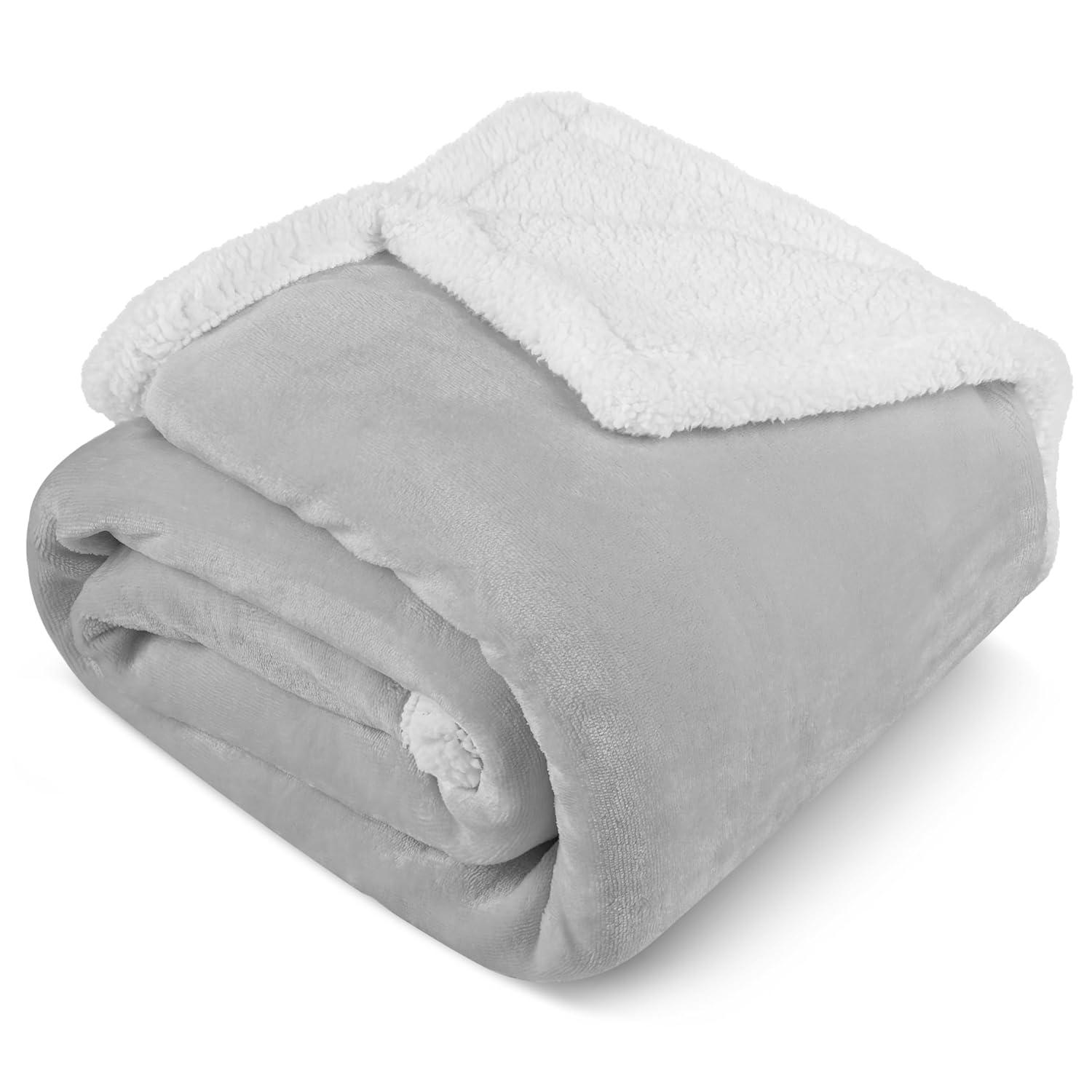 PAVILIA Premium Faux Shearling Fleece Throw Blanket for Bed, Reversible Warm Blanket for Couch Sofa, Light Gray/Throw - 50x60