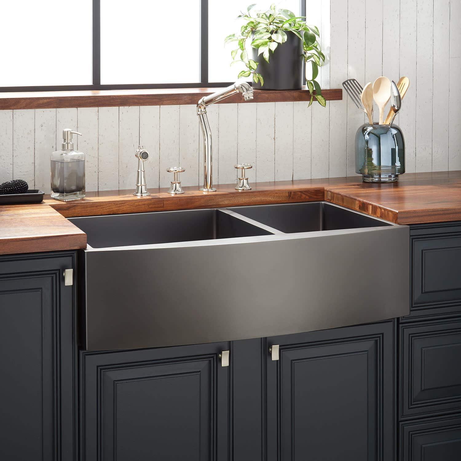 36" Atlas 60/40 Offset Double-Bowl Stainless Steel Farmhouse Sink with Curved Apron