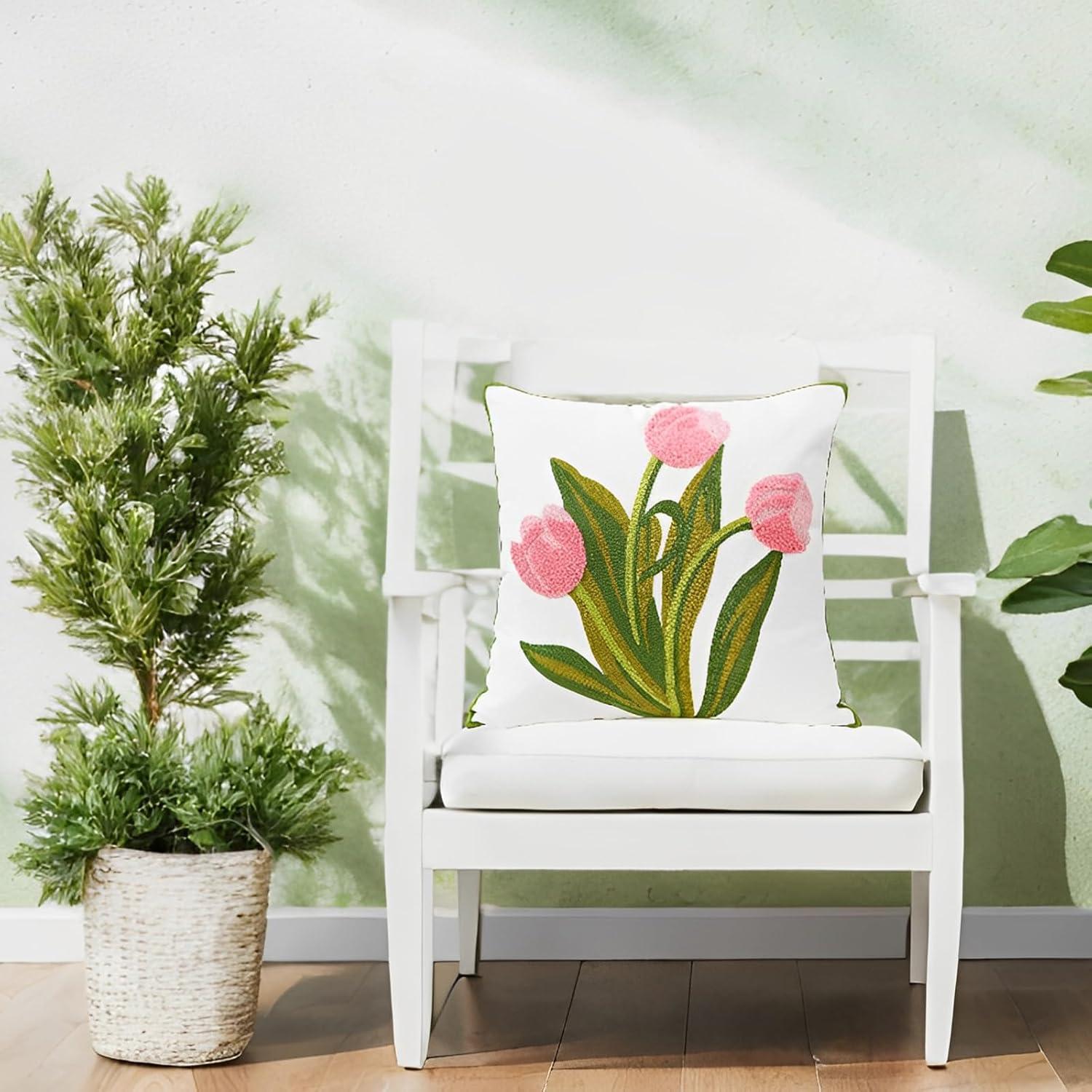 Embroidery Throw Pillow Cover 18x18 Home Decor Tulip Flower Loop Embroidered Floor Pillow Cover for Couch 100% Cotton Canvas Pillow Case Floral Cushion Cover 45x45cm, Pink Tulip, 1 Piece