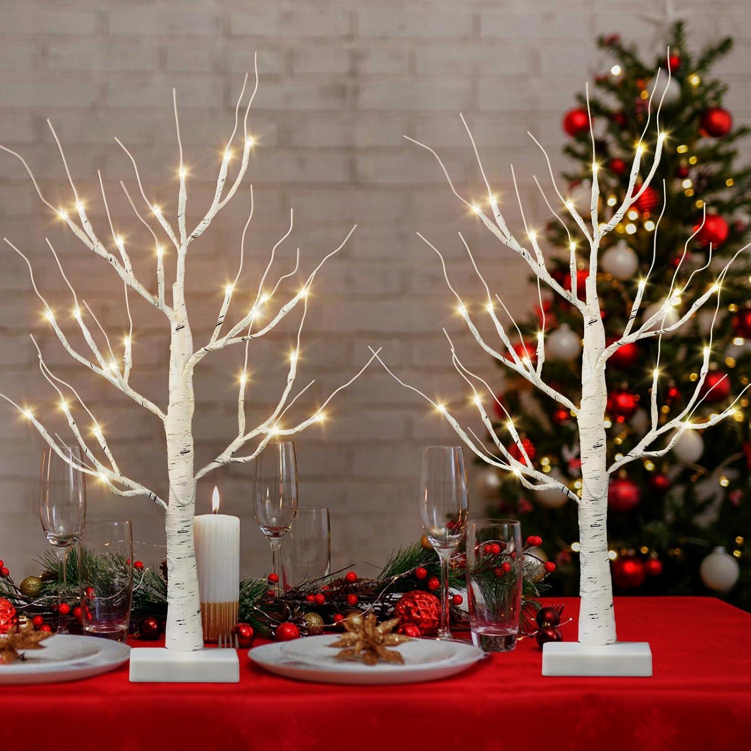 Bonbons 2 Pack Christmas Tree with LED Lights,  2ft Birch Tree for Table Decor,  Battery Powered with Timer Function