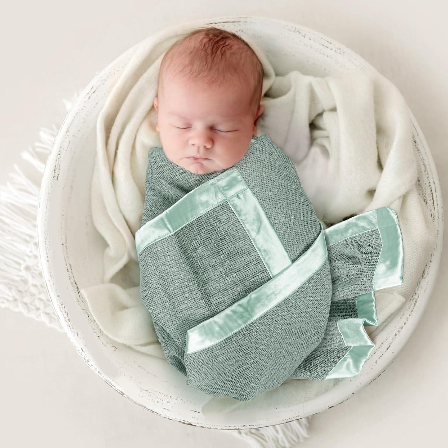 Lulu moon Swaddle Baby Blanket: Waffle Blanket with Satin Trim - Soft Breathable Toddler Blanket Perfect for Nursing Cover and Playtime - Cotton Crib Blanket for Daytime Naps 40"x36"(Sage)