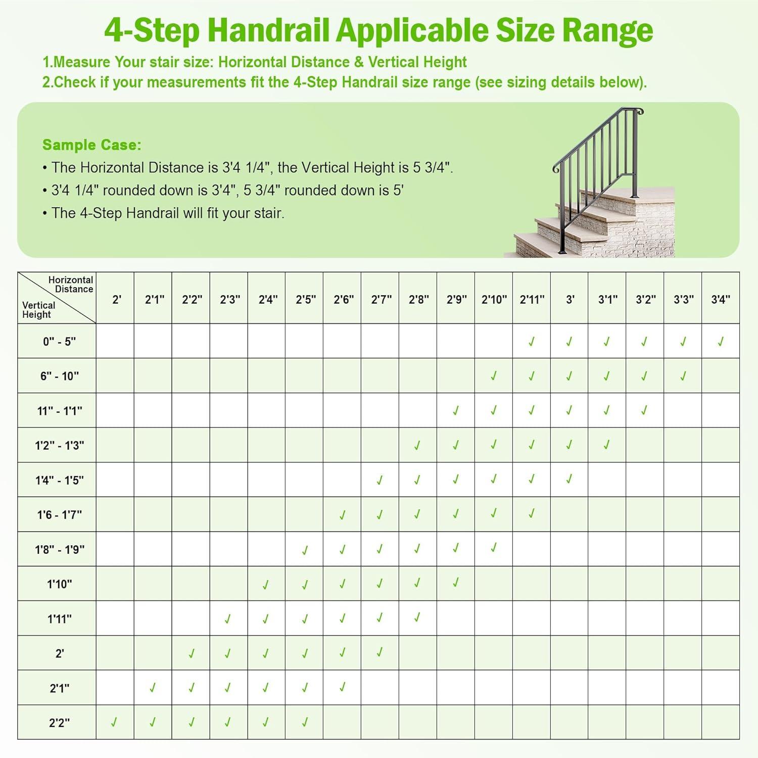 HLL Handrails for Outdoor Steps, Black Wrought Iron Handrail Fits 4 or 5 Steps, Transitional Handrail with Installation Kit, Stair Railing for Concrete Steps or Wooden Stairs