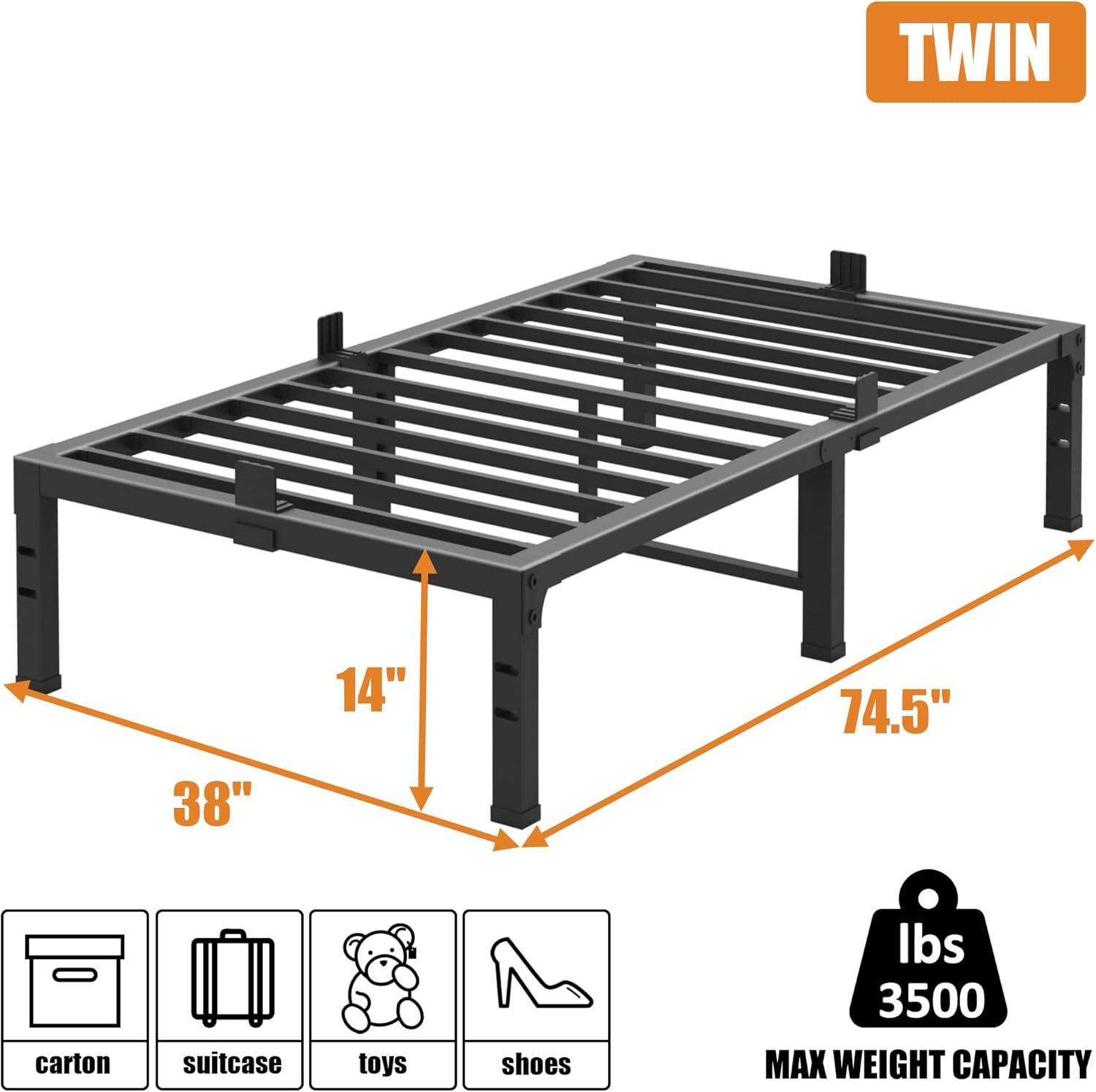 NNV 14" 3500 lbs Heavy Duty Bed Frame, Duty Steel Slat Metal Bed Frame Black - Twin