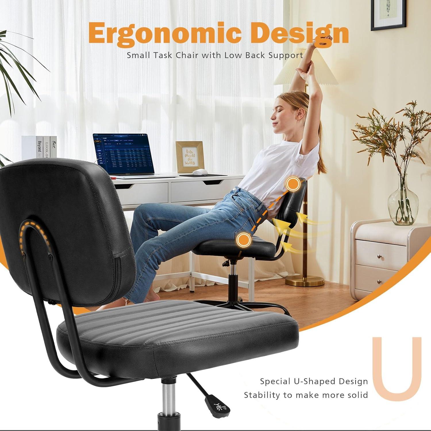 Topcobe Armless Home Office Chair Ergonomic Desk with Comfy Low Back Lumbar Support, Height Adjustable PU Leather Computer Task Chair with 360° Swivel Wheels, for Small Space, Kids and Adults, Black