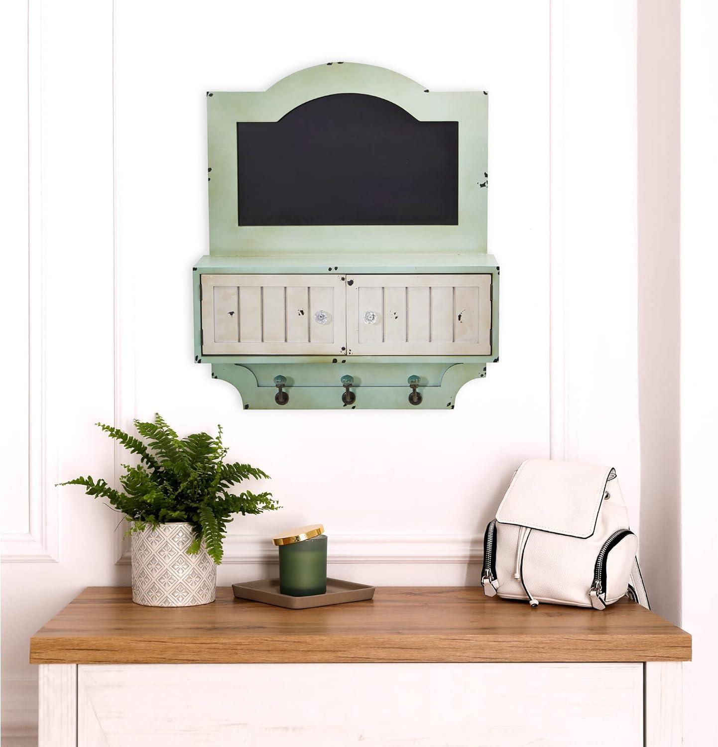 Vintage Light Green Chalkboard Wall Organizer with Hooks and Doors