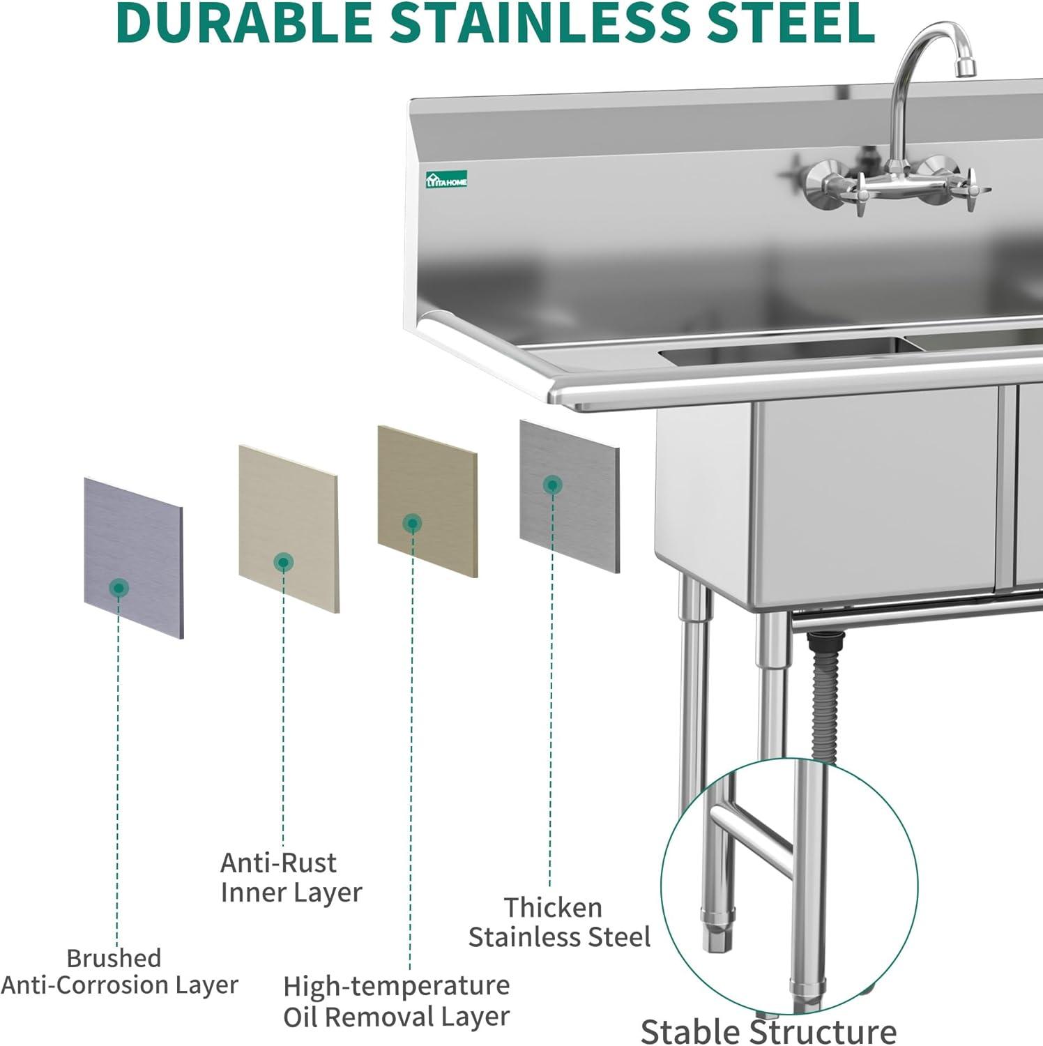 Stainless Steel Freestanding 2-Compartment Sink with Double Drainboard