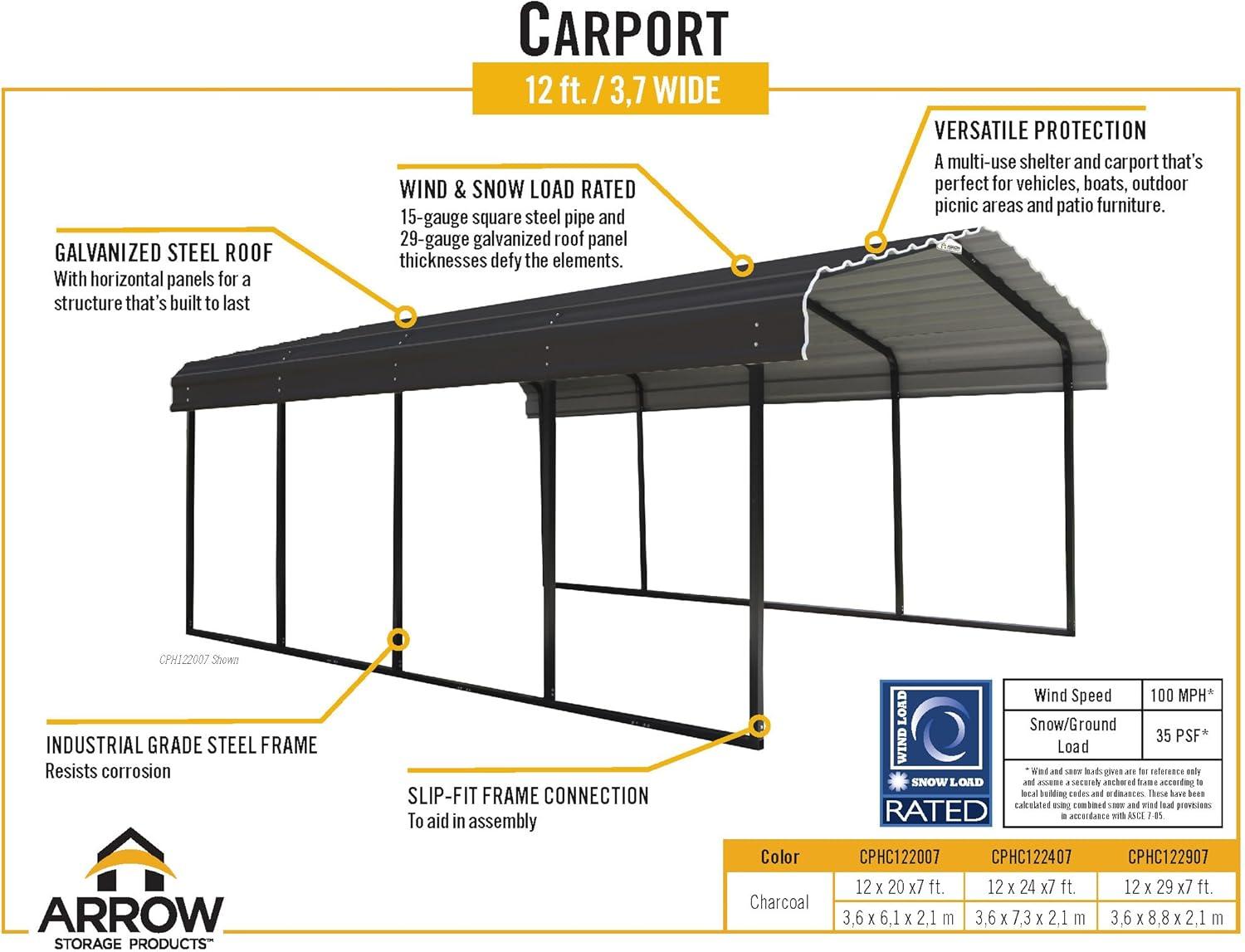 Arrow Carports Galvanized Steel Carport, Full-Size Metal Carport Kit, 12' x 24' x 7', Charcoal