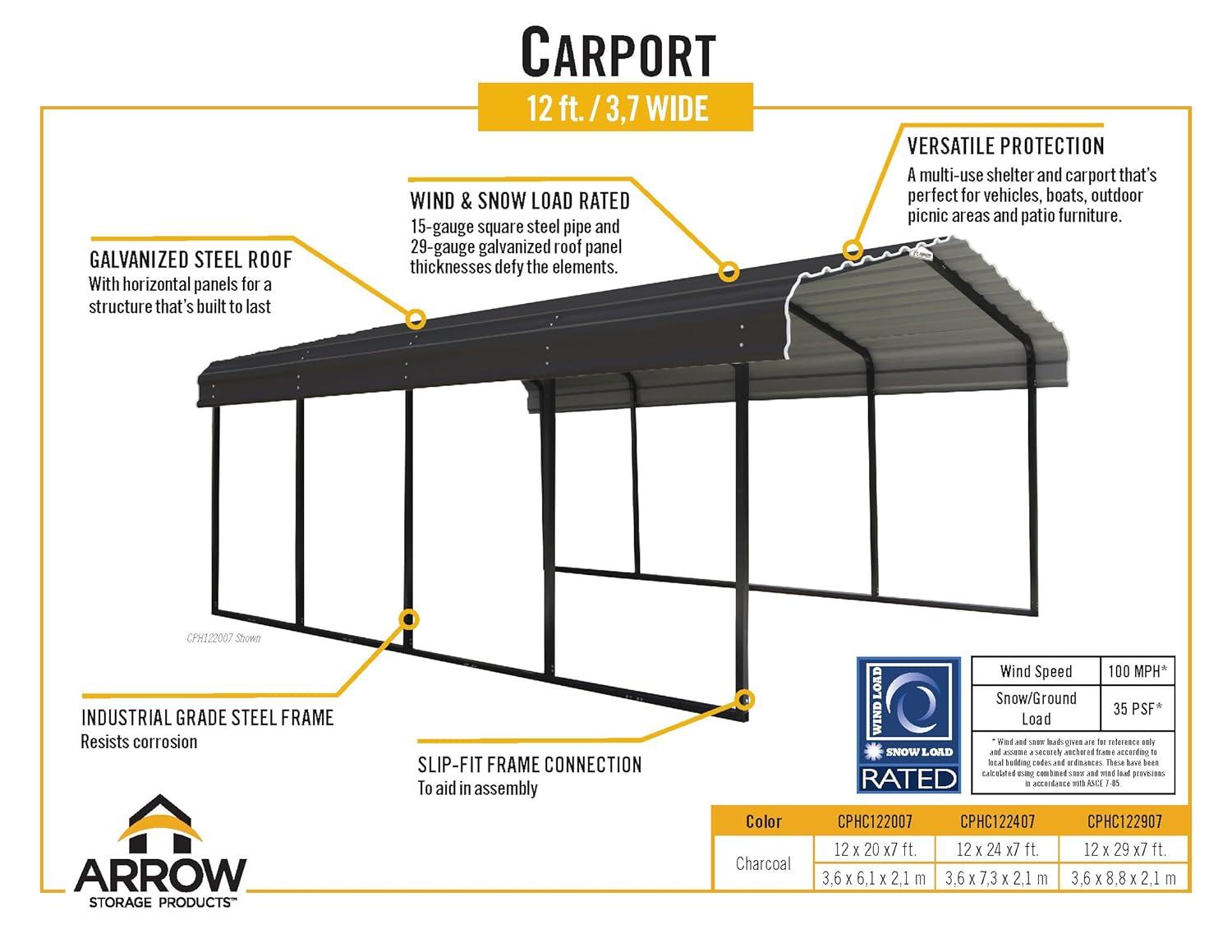 Arrow Steel Carport, Galvanized Black/Charcoal