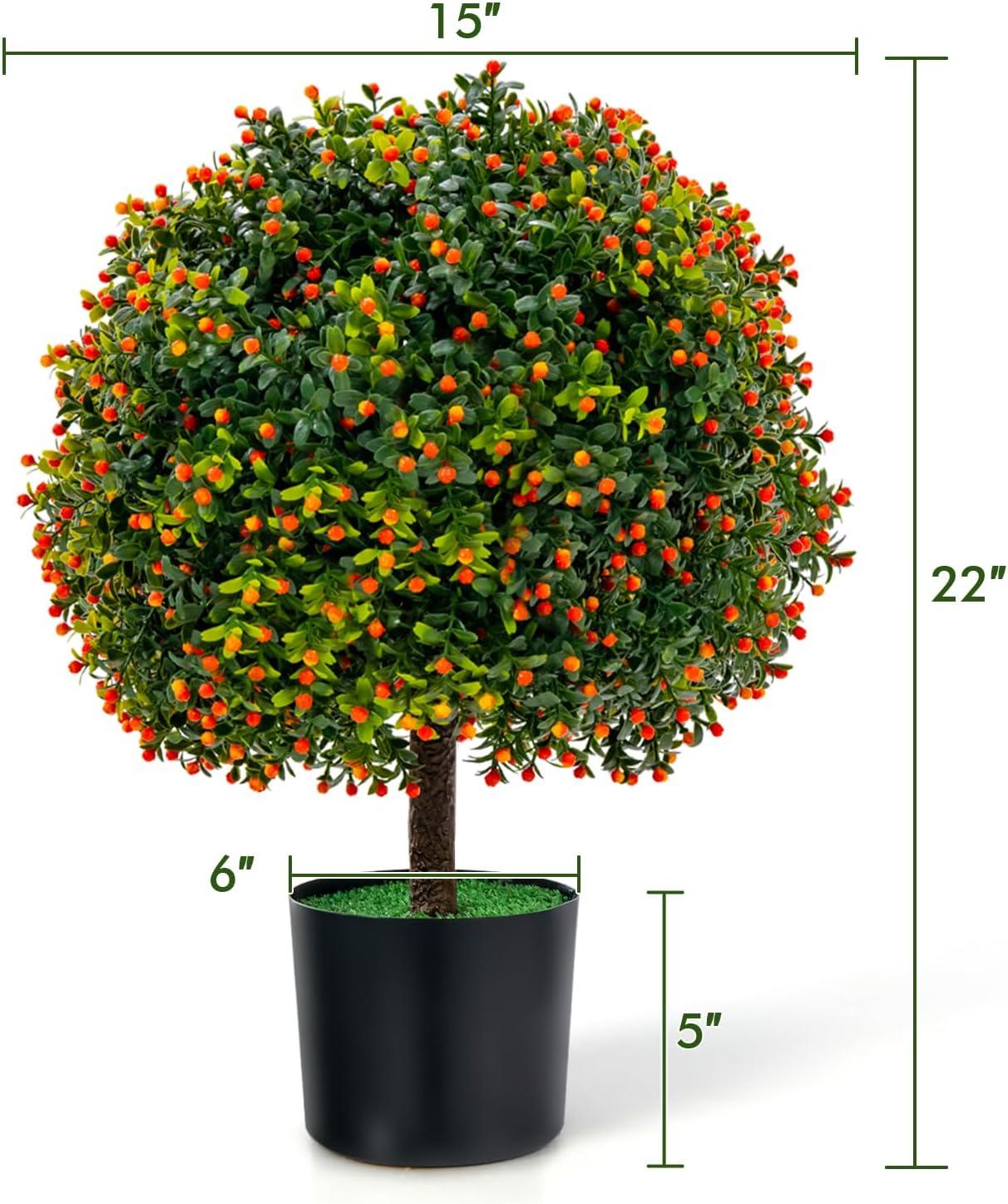 Costway 22'' Artificial Boxwood Topiary Ball Tree 2-Pack Faux Potted Plant w/Orange Fruit