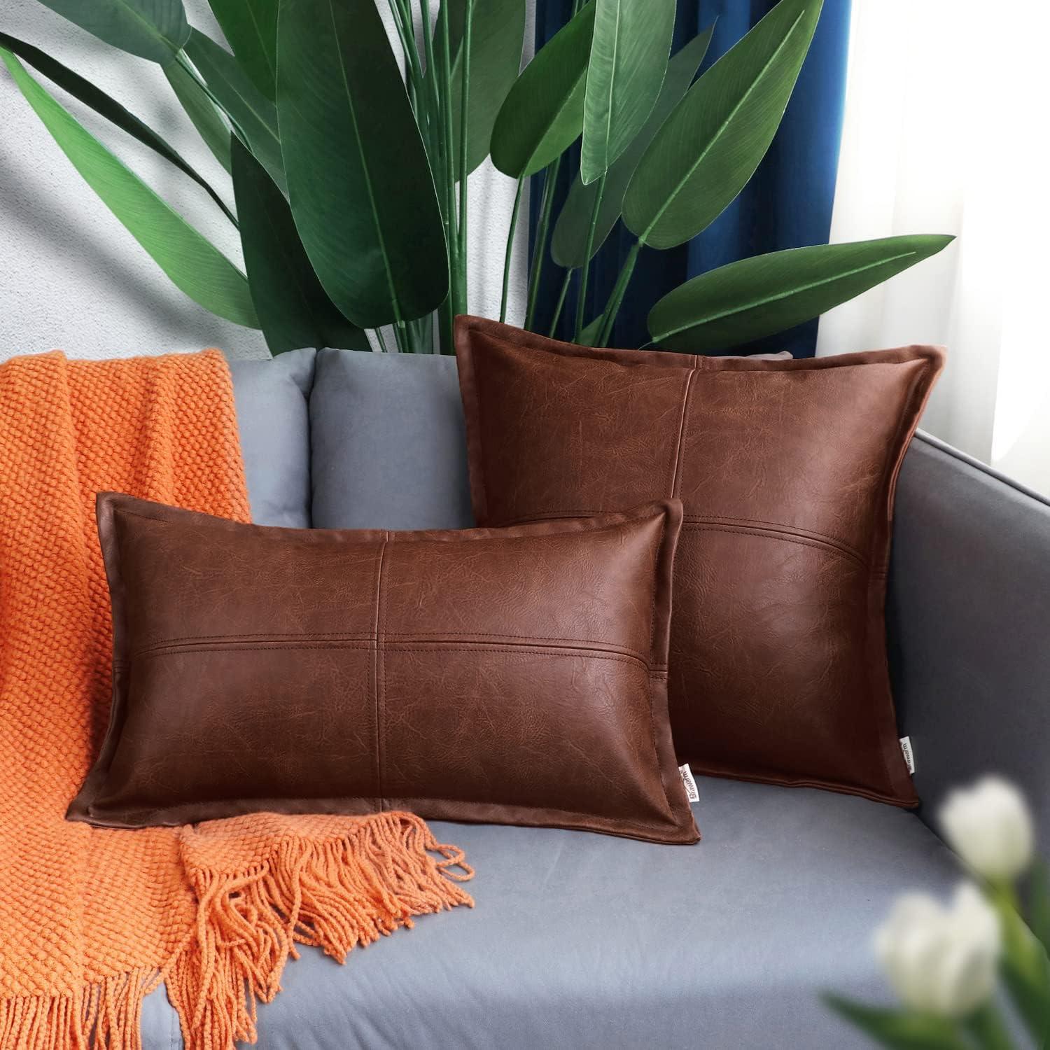 BRAWARM Dark Brown Leather Throw Pillow 12 X 20 Inches, Faux Leather Pillow Cover with Piping, Hand Stitched Leather Decorative Lumbar Throw Pillow Covers for Couch Sofa Bed Living Room Garden