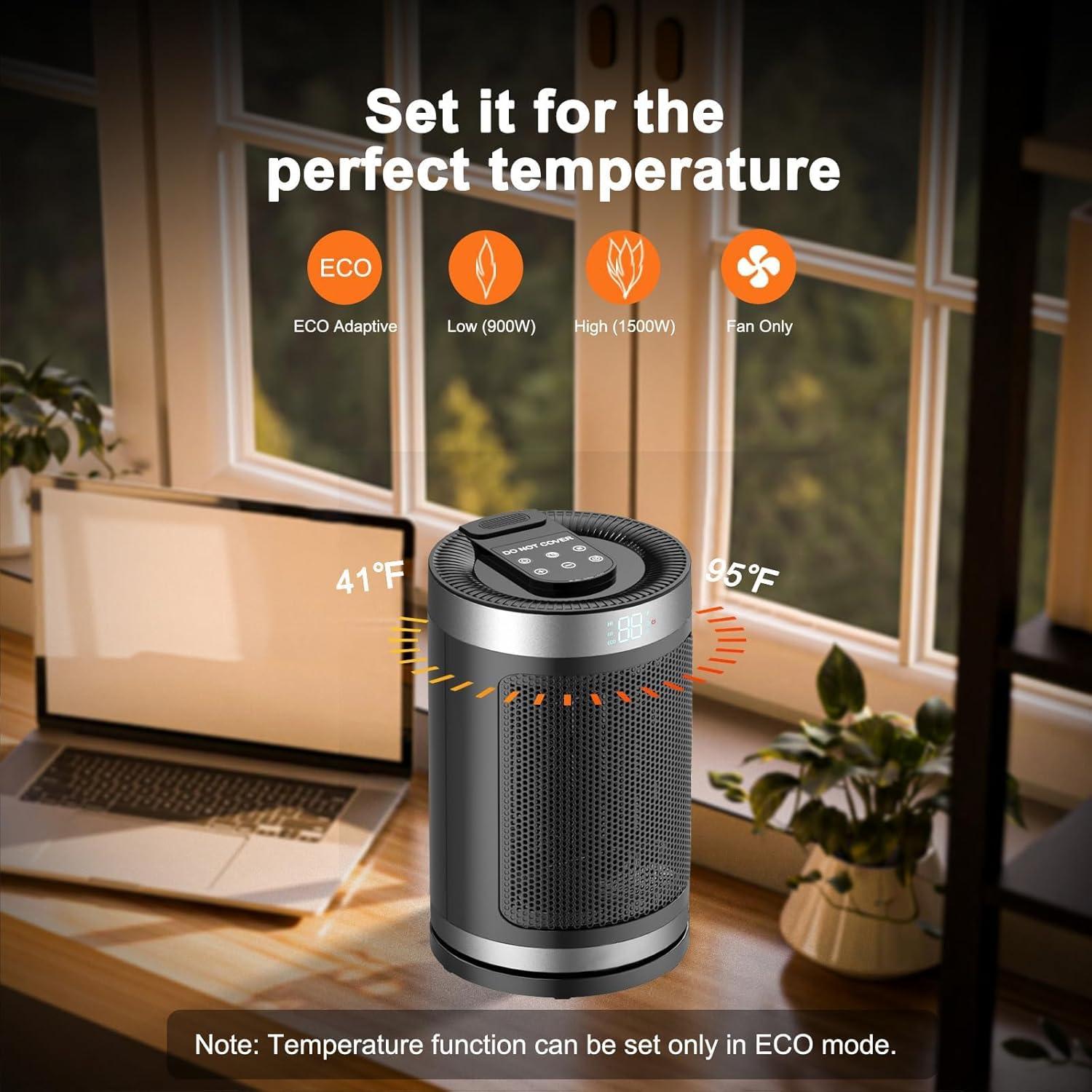 Space Heater,Portable Electric Heater with Thermostat for Indoor Use,Digital Display,1-12H Timer,Eco and Fan Mode,1500W PTC Ceramic Fast Safety Heat for Office,Bedroom, Tiny Home,Garage