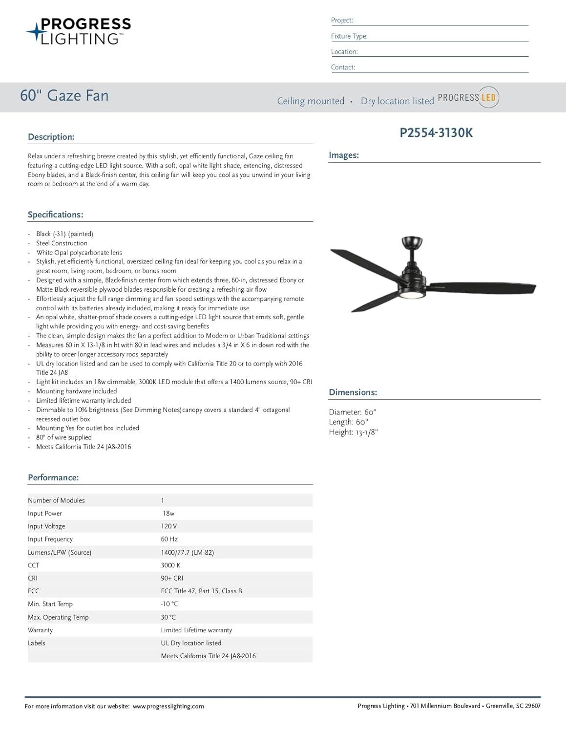 Gaze Collection 60" LED Three-Blade Ceiling Fan