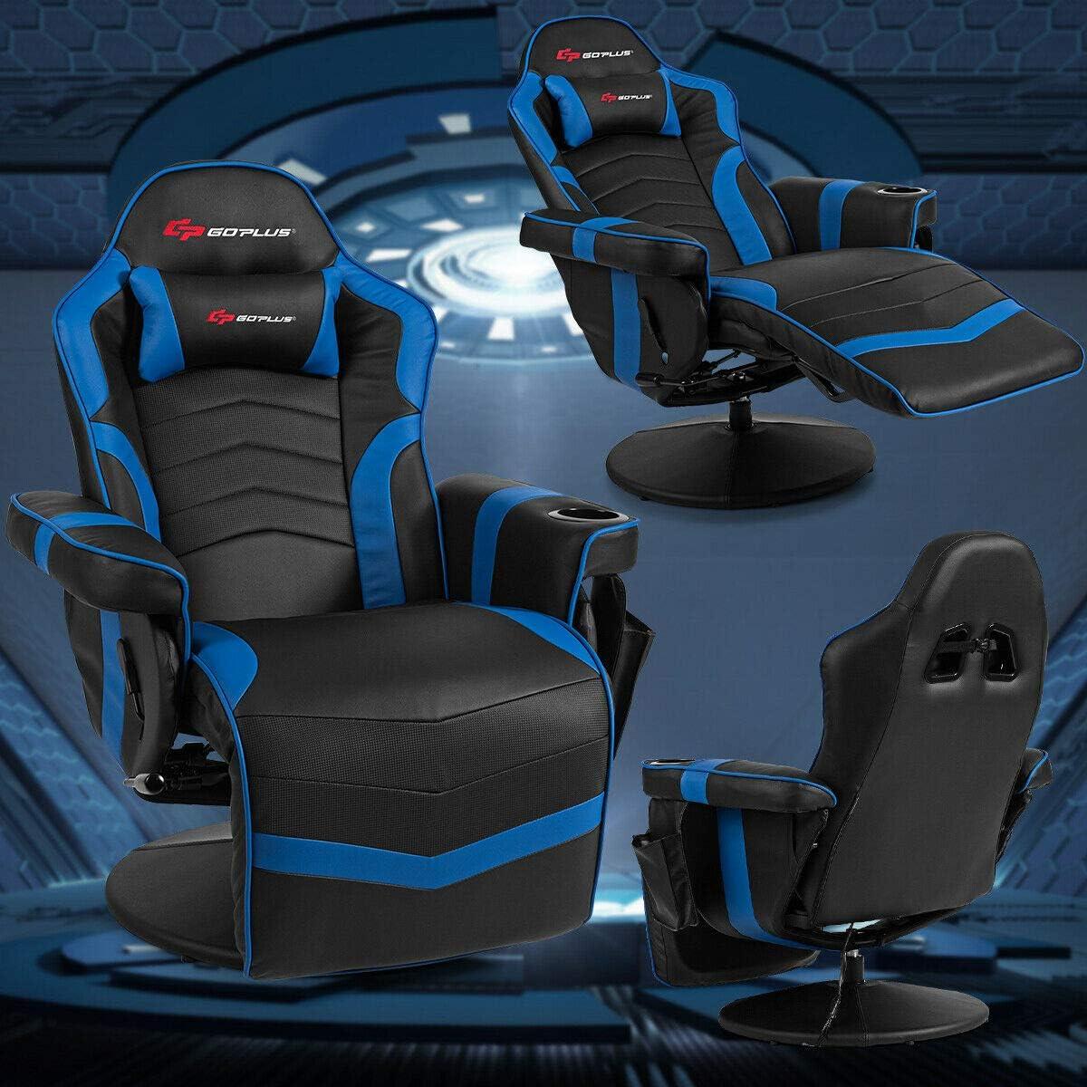 Costway Massage Gaming Recliner Reclining Racing Chair Swivel Blue