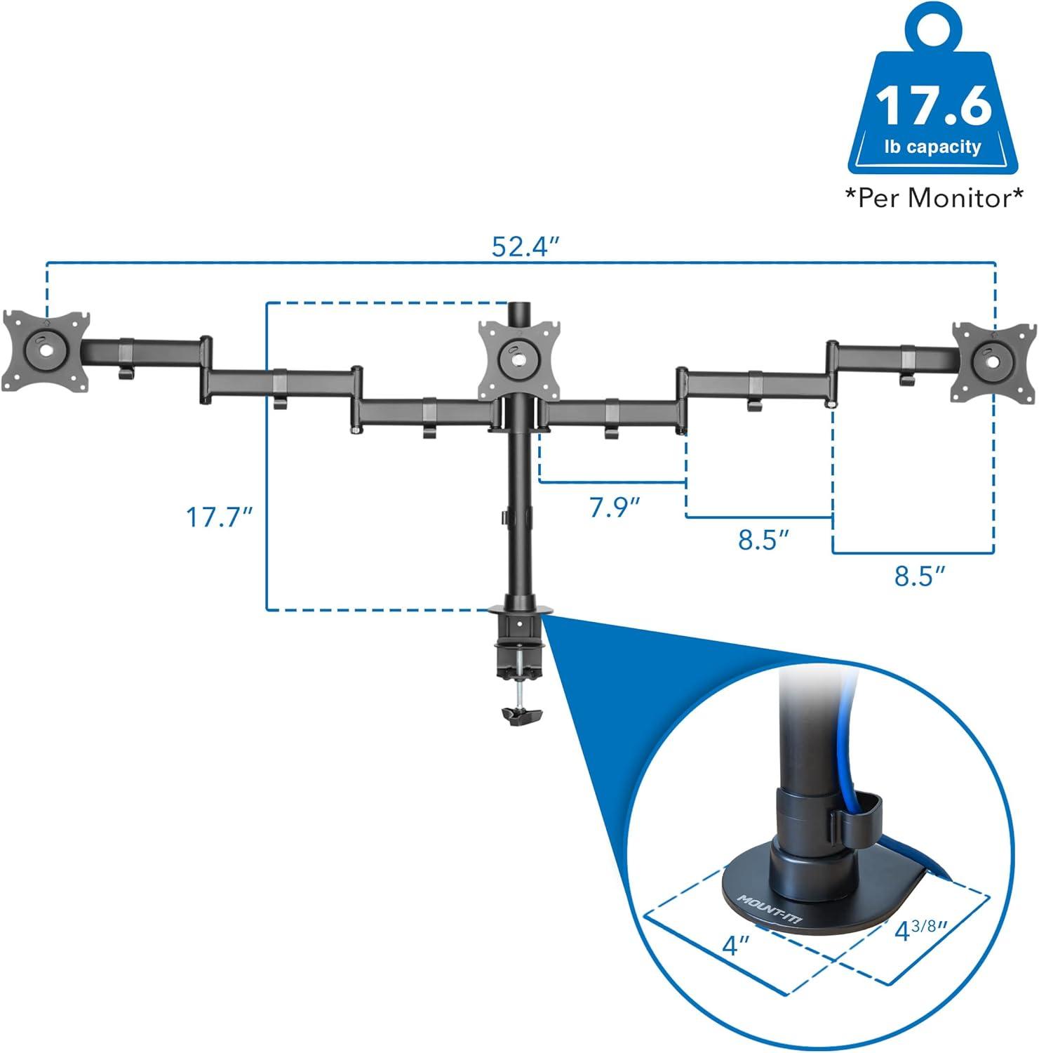 Mount-It! Full Motion Triple Monitor Mount 3 Screen Desk Stand for LCD Computer Monitors for 19 - 27 Inch Monitors, 54 Lbs. Weight Capacity, Black