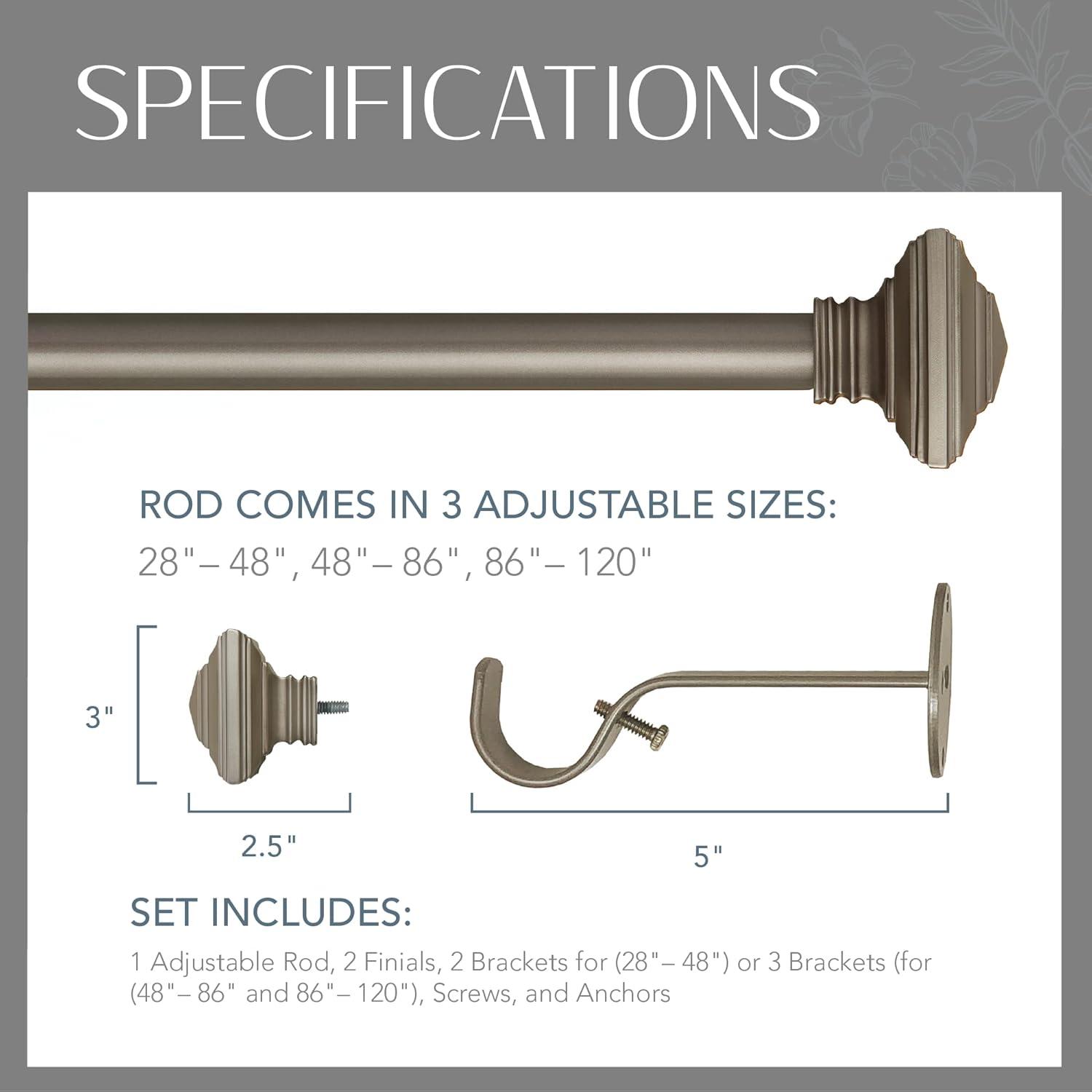 Florence 1" Window Drapery Single Curtain Rod with Stacked Square Finial - 28"-48" - Nickel - Elrene Home Fashions