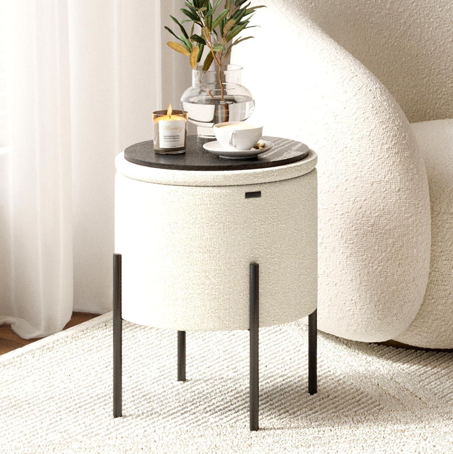 StorageBud Round Ottoman with Storage, Modern Boucle Storage Ottoman, Small Foot Stool Ottoman for Living Room and Bedroom, White