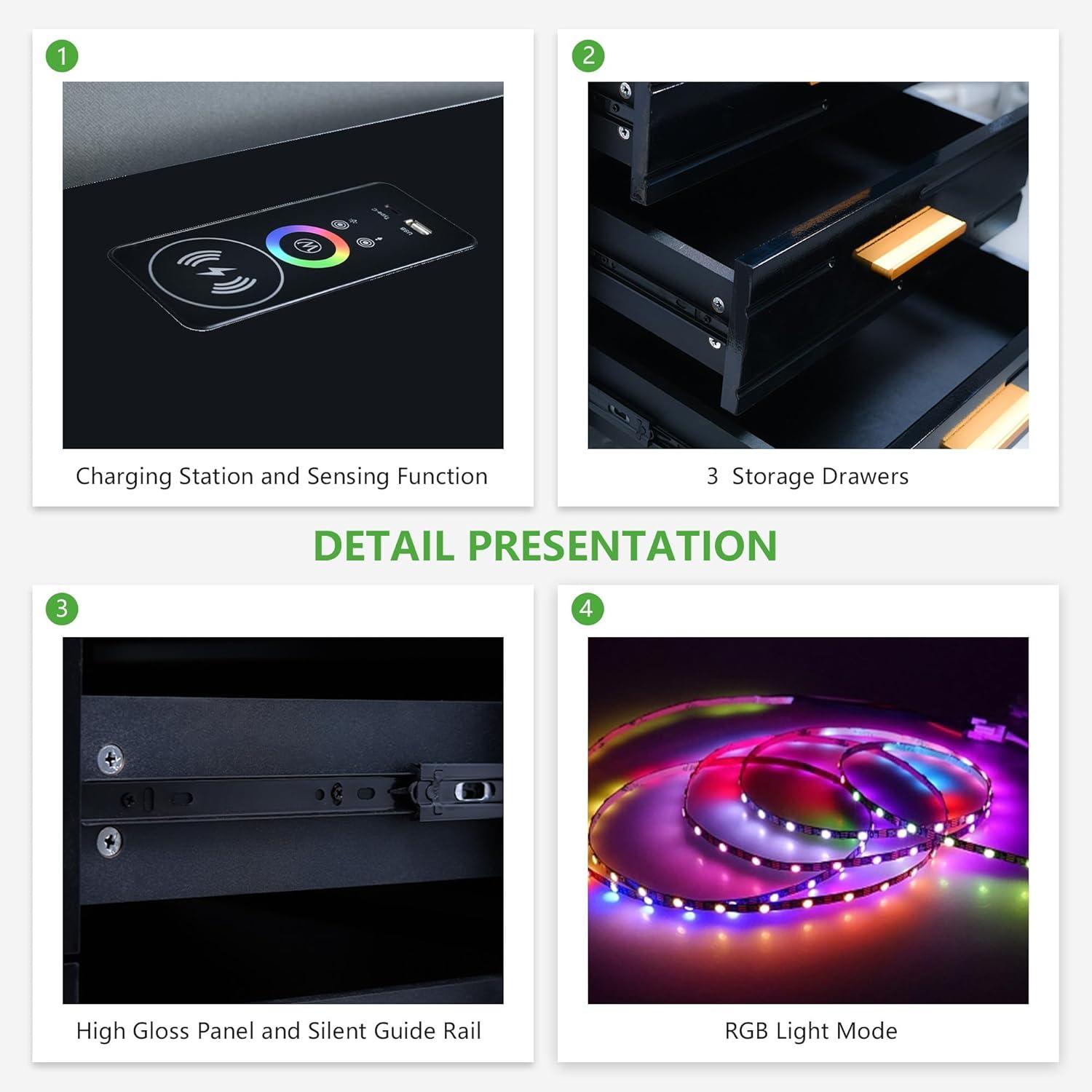 HNEBC Smart LED Nightstand with Wireless Charging & USB Ports, High Glossy Night Stand with 3 Drawers and 1 Pull-Out Tray, Modern Bedside Table with Human Sensor for Bedroom (White)