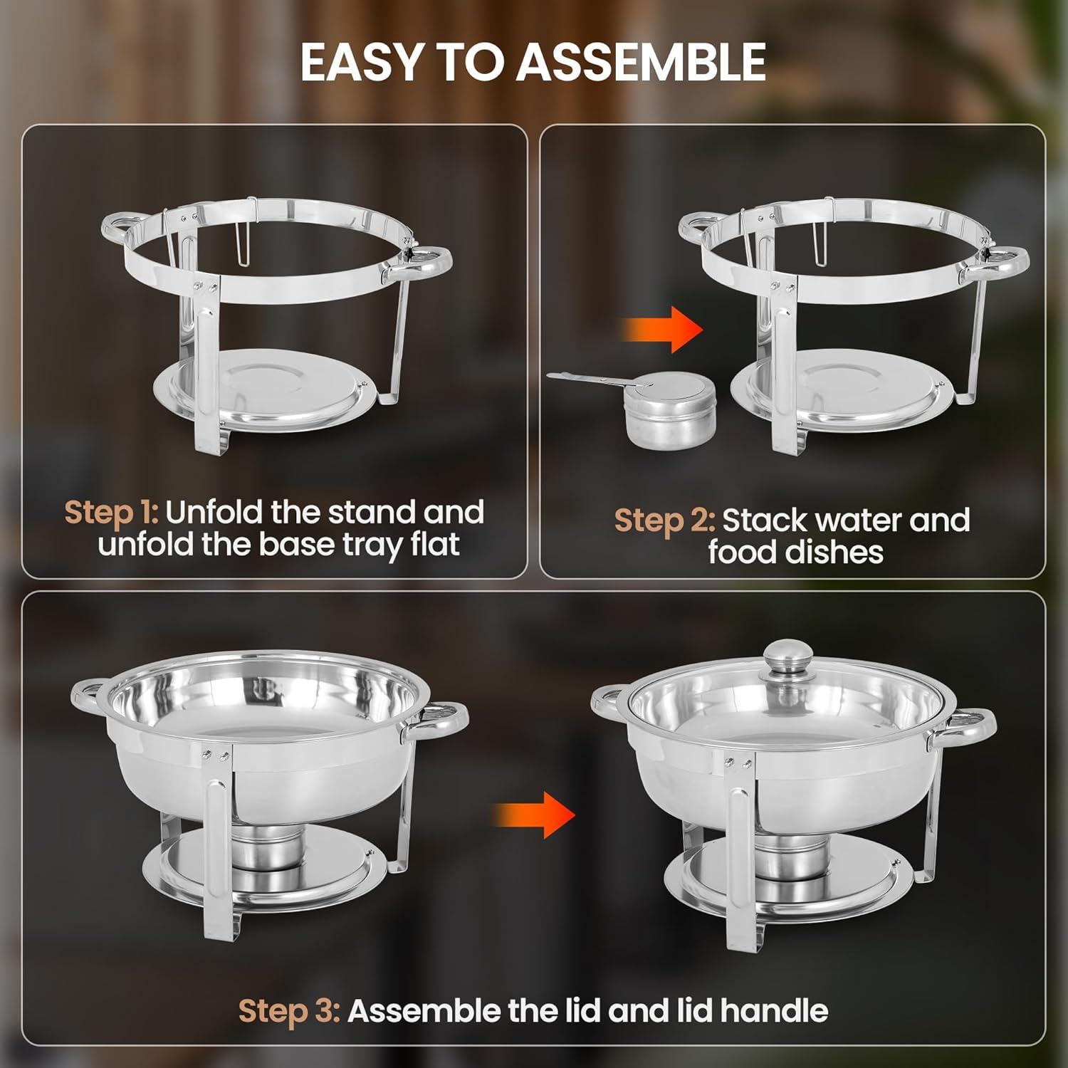 Round Stainless Steel Chafing Dish Set with Glass Lid, 5-Quart, Silver, Set of 4