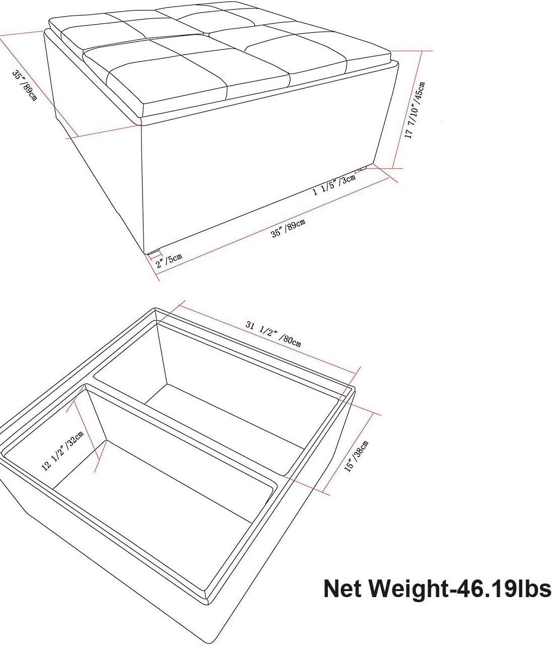 Simpli Home Avalon 35"W Upholstered Square Coffee Table Storage Ottoman with Flip-Over Trays