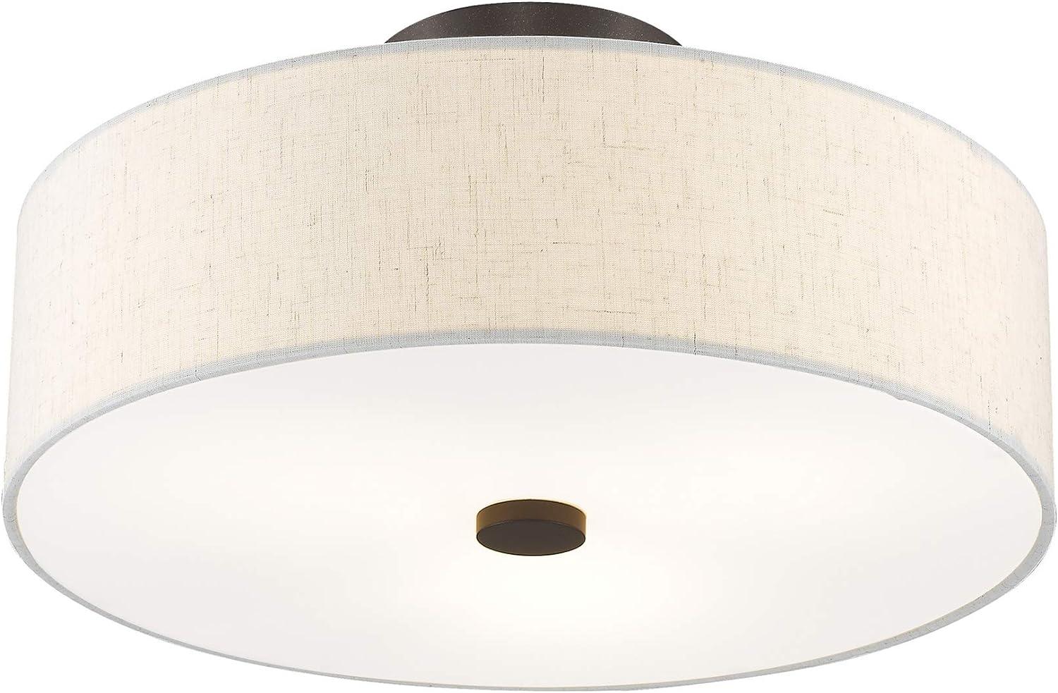 Meridian 3-Light English Bronze Semi Flush Mount with Oatmeal Fabric Shade