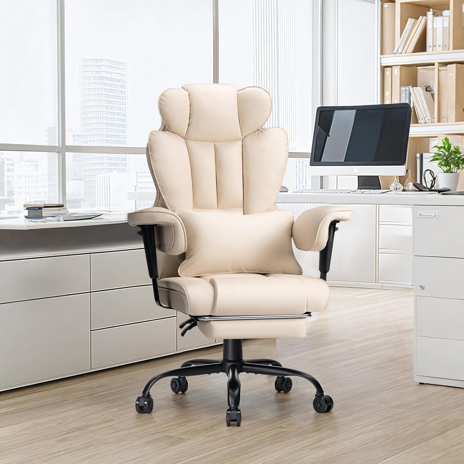 Hoffree Big and Tall Office Chair 450lbs, Executive Computer Desk Chair with Massage Ergonomic  Leather Chair with Footrest Reclining Desk Office Chair with Lumbar Support for Home Office