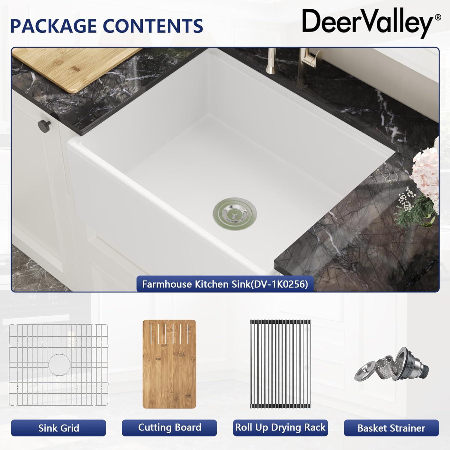DeerValley 33" L X 20" W Single Basin Workstation Farmhouse Kitchen Sink With Sink Grid, Cutting Board And Dish-Drying Rack