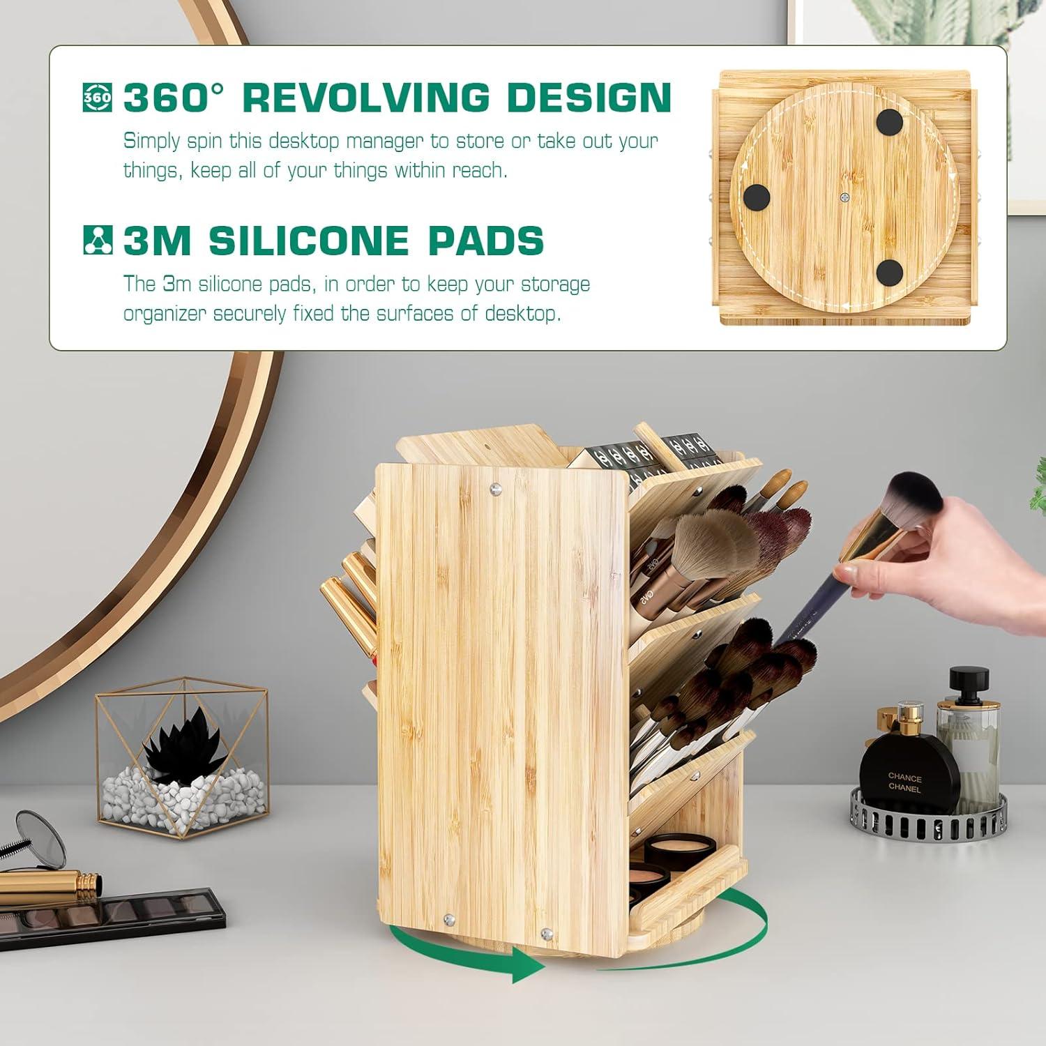 Bamboo Desk Organizer Storage Accessories - Ultra-large 13 compartments, 1000+ Pencil Holder Capacity, Easy DIY Assembly, Rotating Desktop Organizer, Cosmetics, and Office Supplies