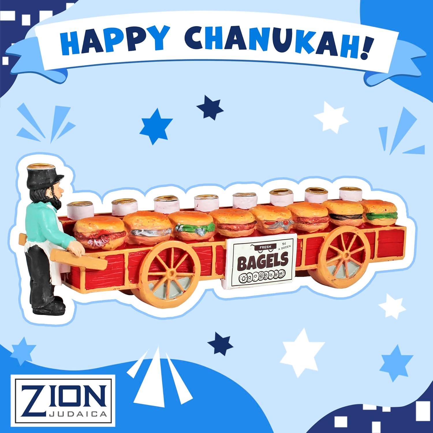 Zion Judaica Bagels and Lox Menorah - Merchant and Sandwiches Cart Collectible Candle Menorah - Fits Standard Size Hanukkah Candles