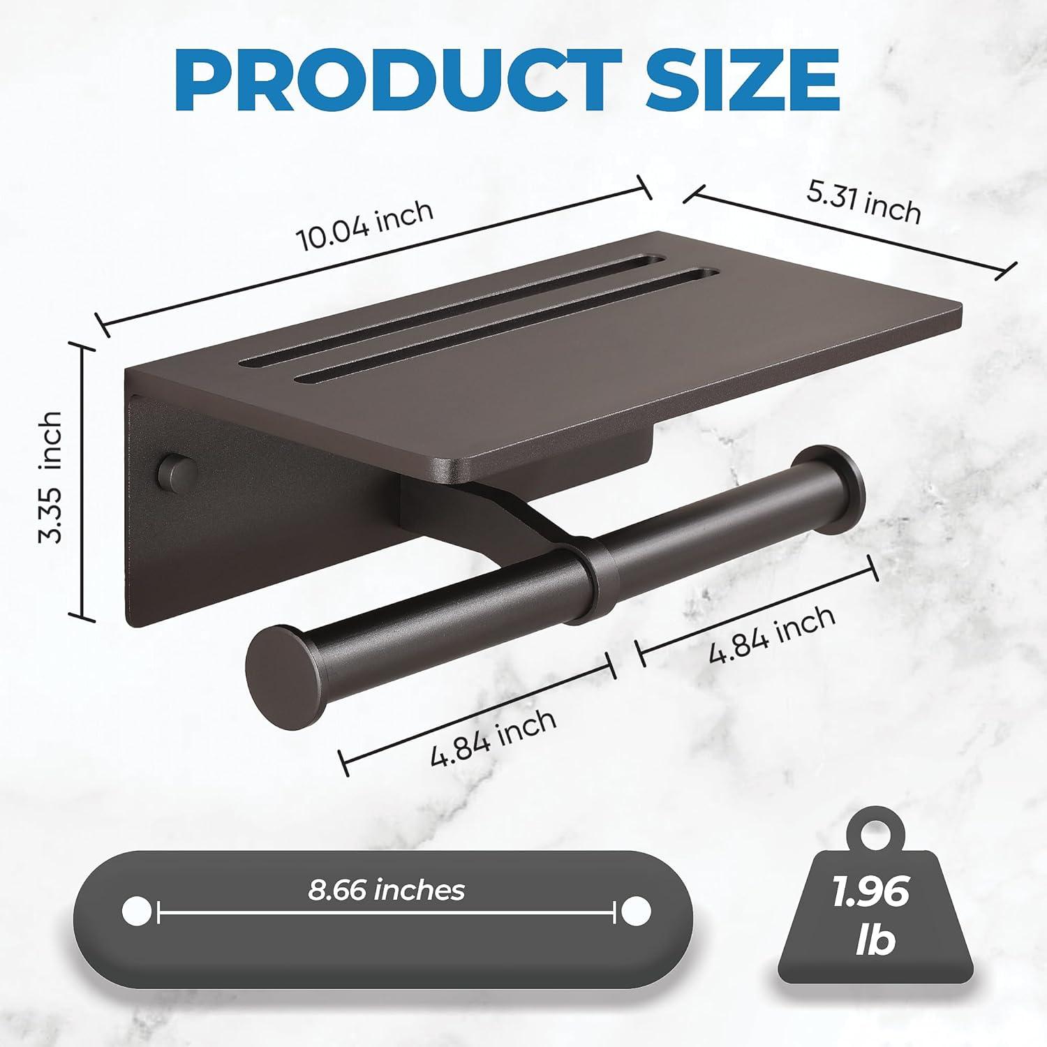 Toilet Paper Holder with Shelf, Black Anti-Rust Aluminum Tissue Roll Holder with Mobile Phone Storage Shelf for Bathroom, 3M Self Adhesive No Drilling or Wall Mounted with Screws