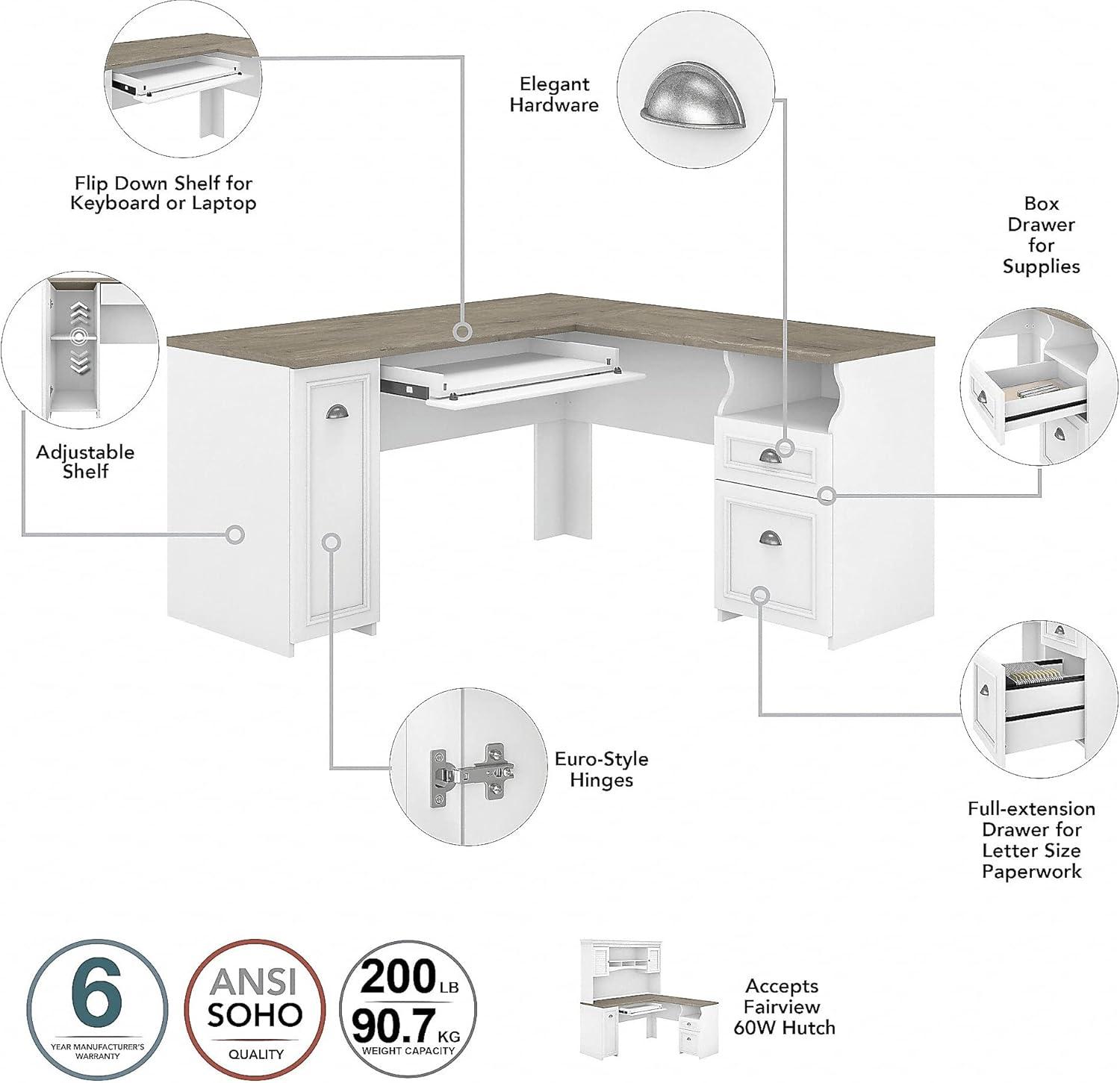 Bush Furniture Fairview 60W L Shaped Desk with Drawers and Storage Cabinet, White/Gray