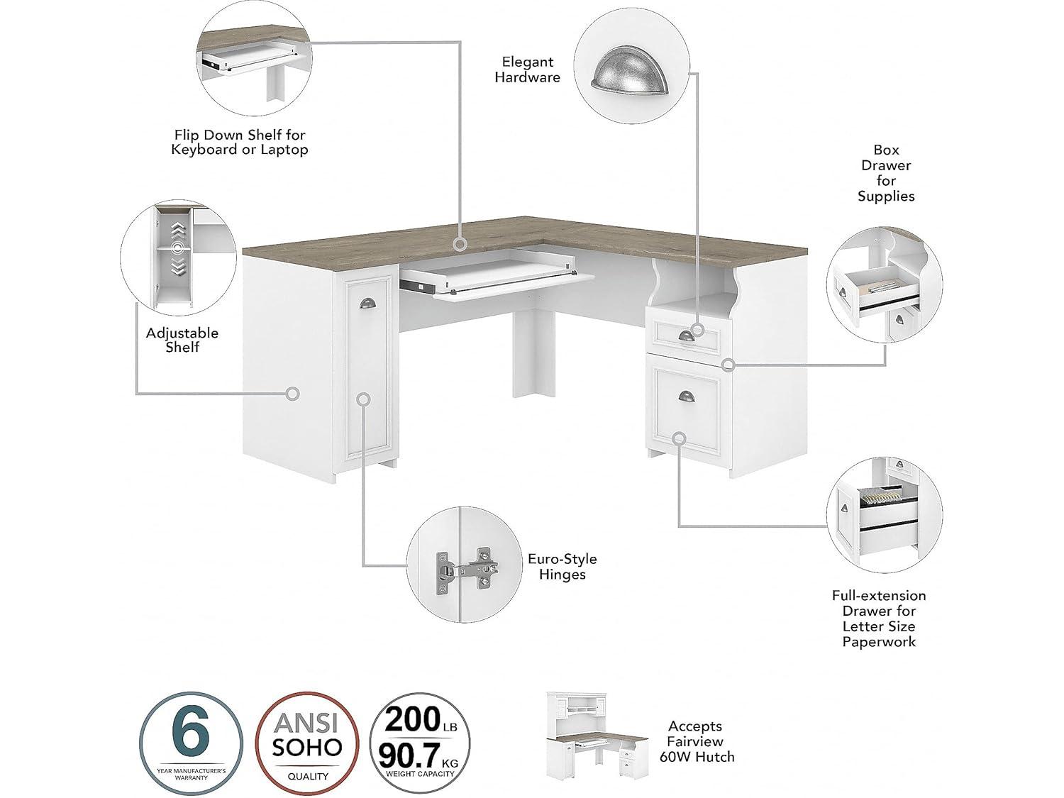 Bush Furniture Fairview 60" W L Shaped Desk with Hutch, White/Gray