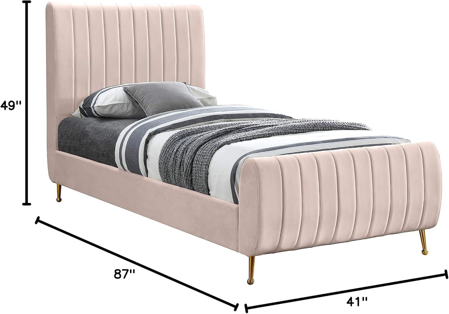 Meridian Furniture Zara Contemporary Queen Bed with Gold Legs and Slats, Pink Velvet