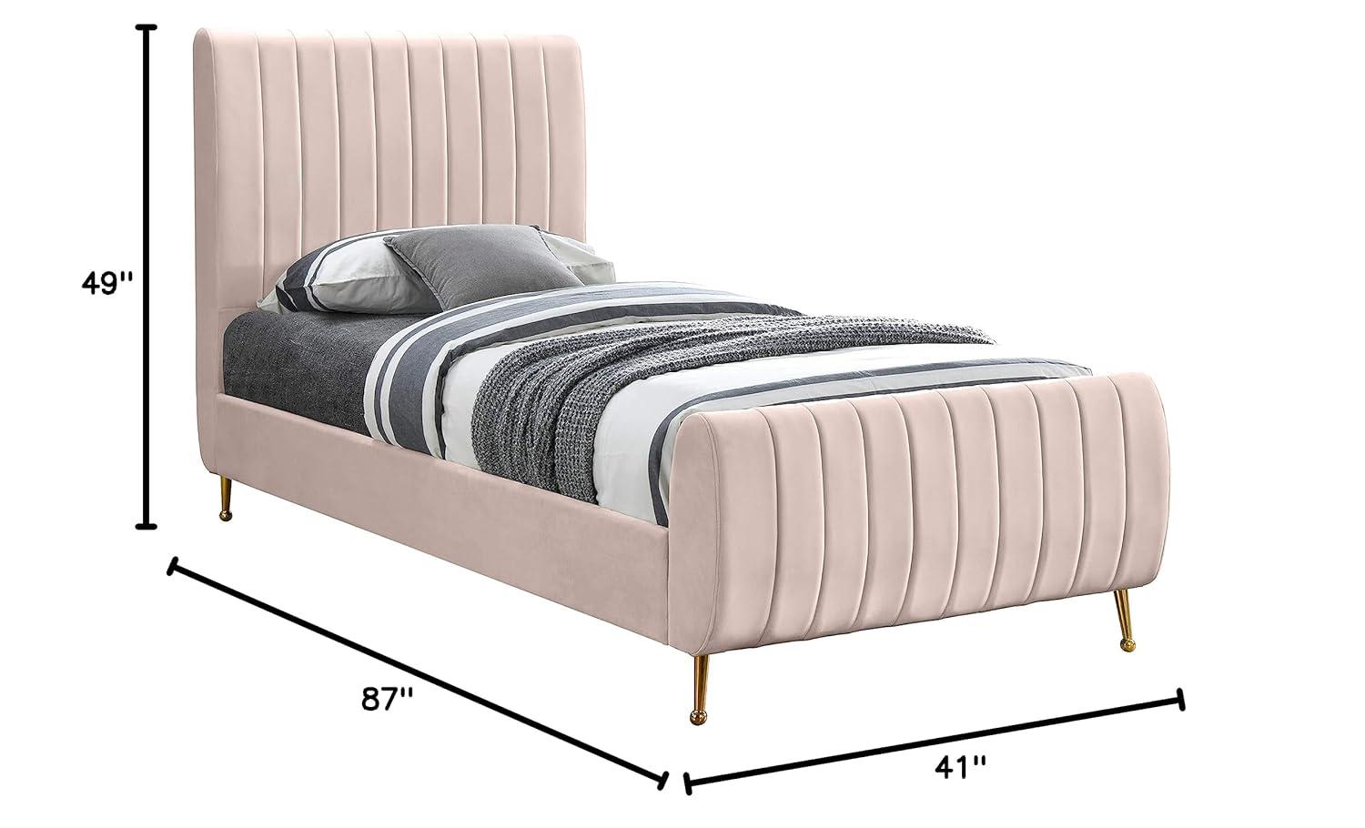 Meridian Furniture Zara Contemporary Queen Bed with Gold Legs and Slats, Pink Velvet