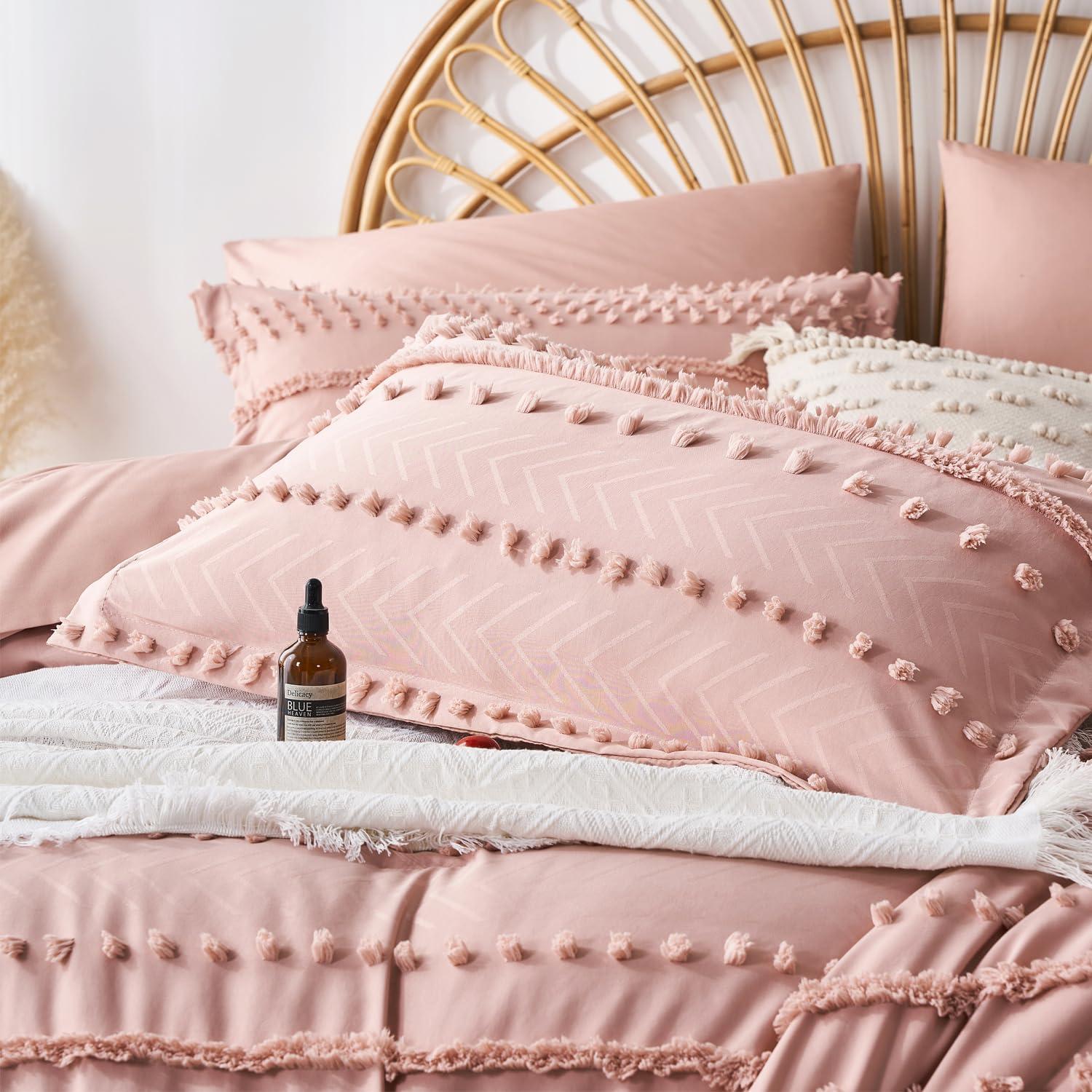 akkialla King Size Comforter Set 7 Pieces,Pink Boho Tufted Bedding Comforter Sets in King Size for All Seasons,Bed in a Bag with Comforter,Flat Sheet,Fitted Sheet,Pillowcases and Shams(Pink,King)
